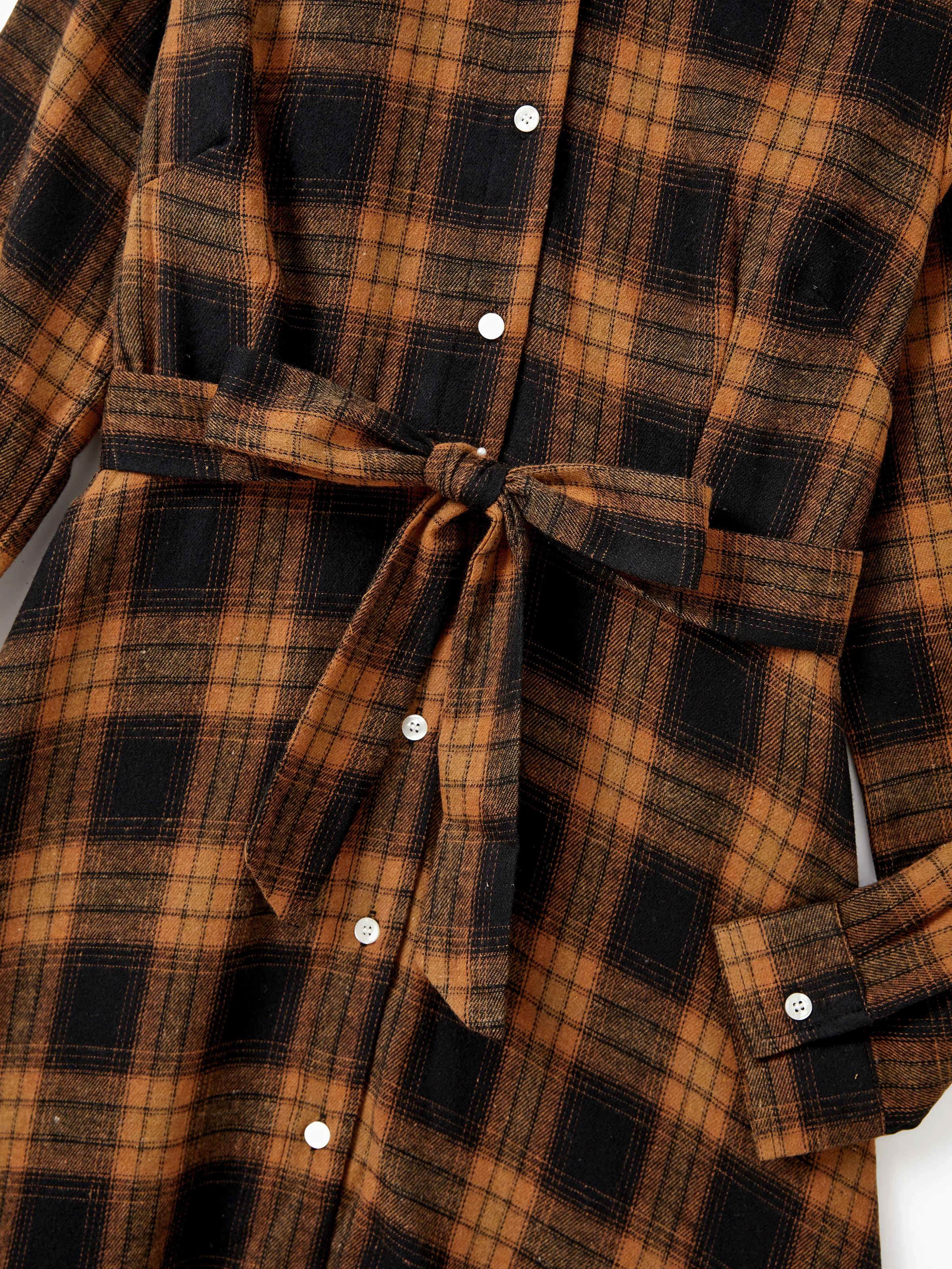 Christmas Family Matching Sets Brown&Black Check Plaid Long-sleeve Botton Dwon Top/Dress/Romper BrownishBlack - XNAUWBI