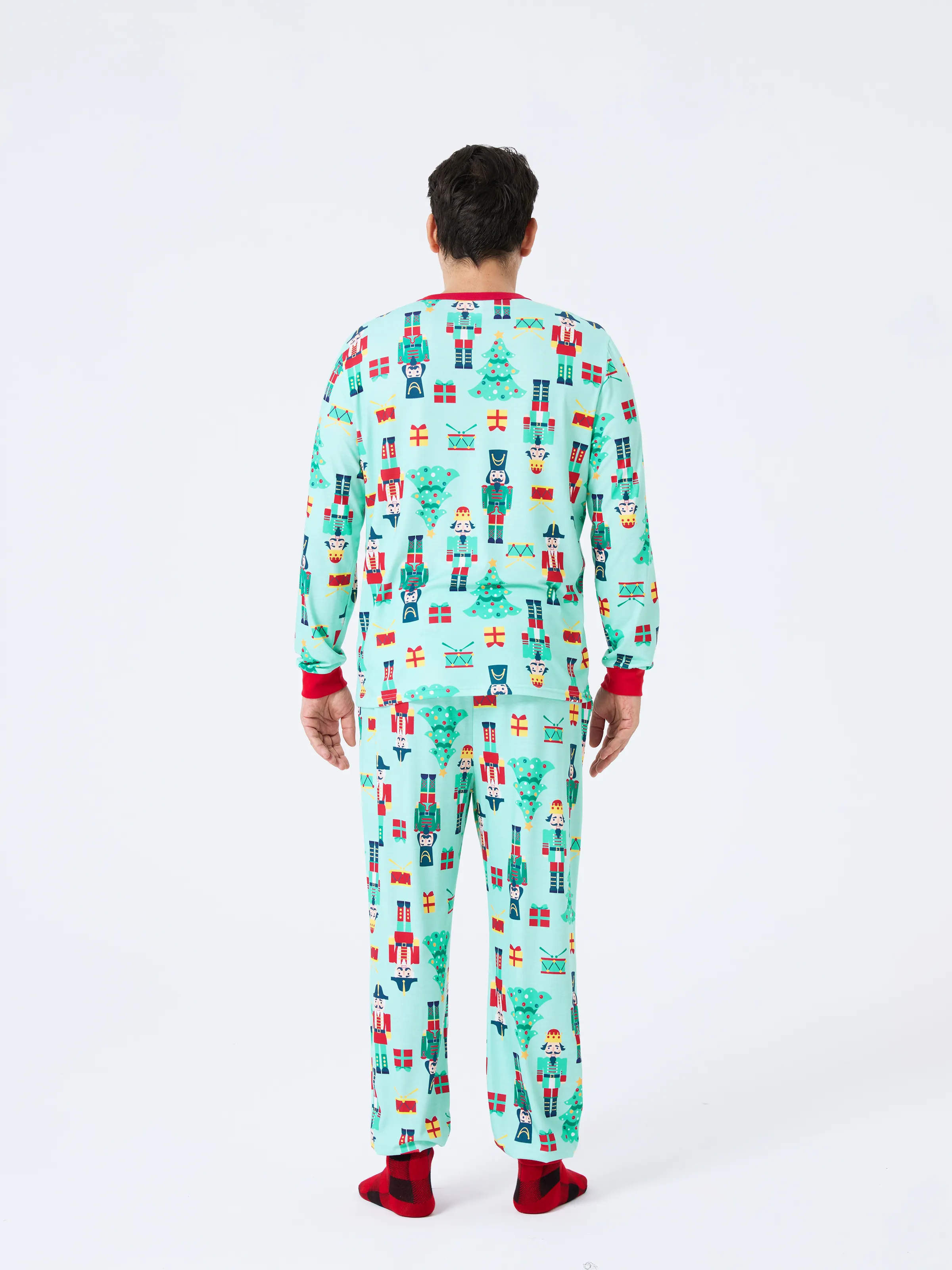 Christmas Matching Family Pajamas Set Soldier and Christmas Tree Print PJS with Christmas Socks Pale Green - XNAUWBI