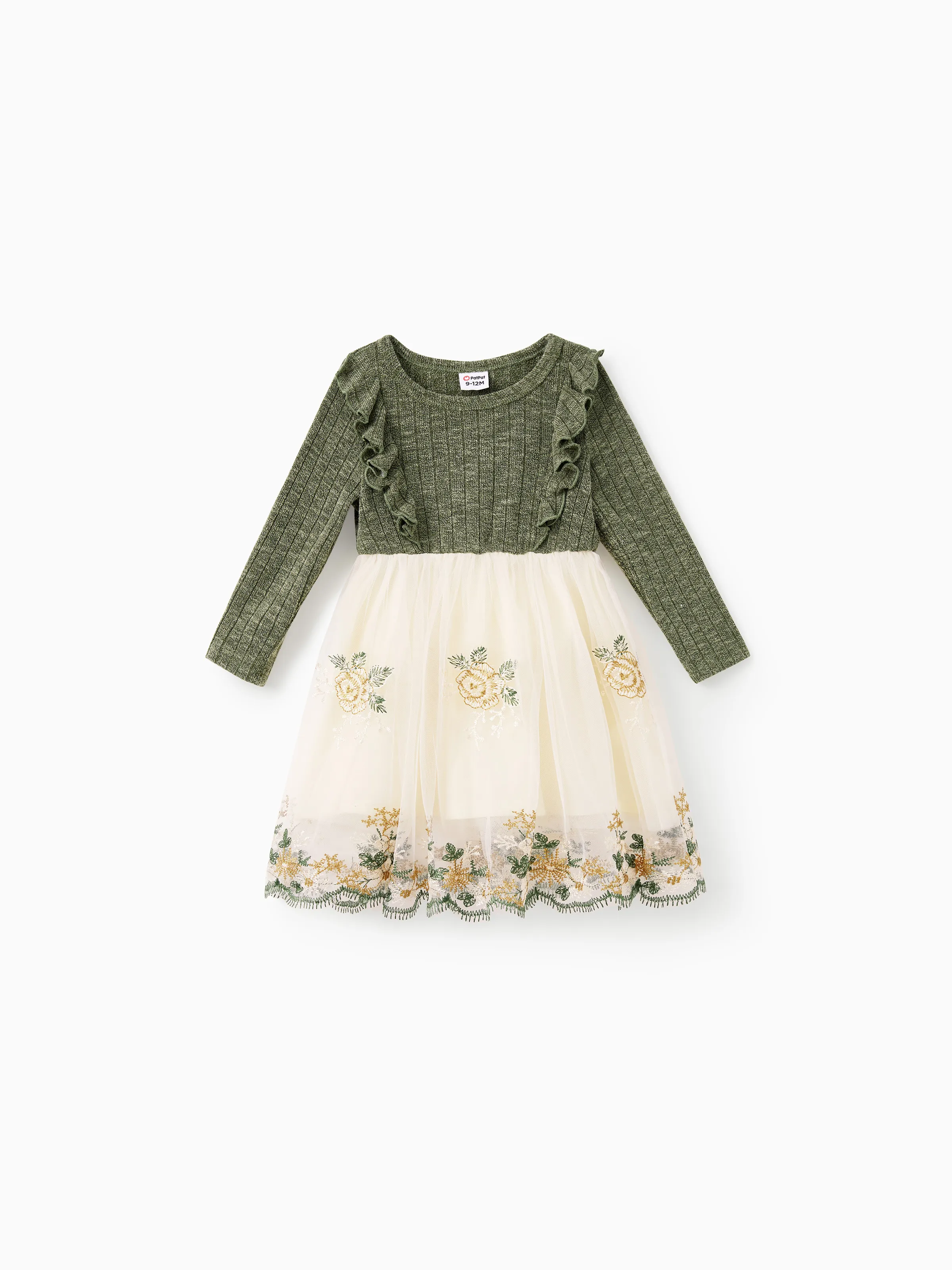 Family Matching Sets Green Long Sleeves Shirt or Ribbed Off-Shoulder Embroidered Tulle Dress Green - XNAUWBI