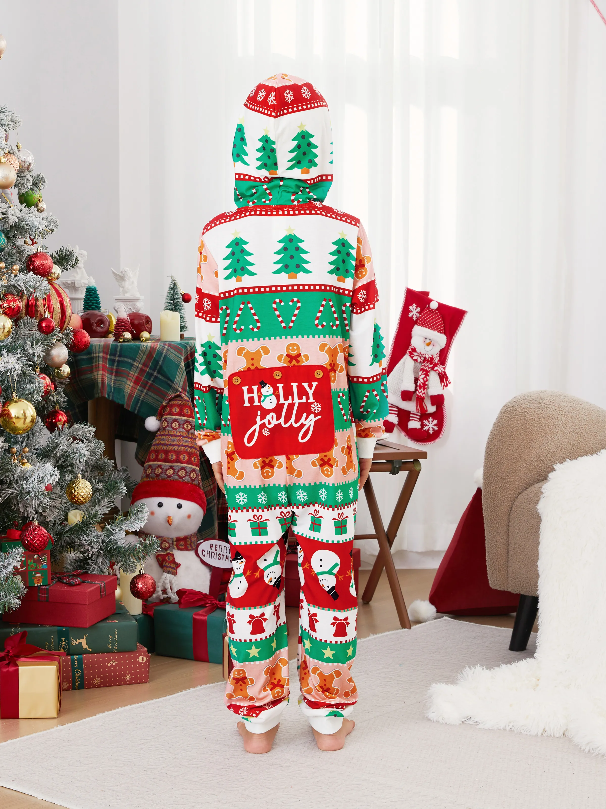 Onesies Pajamas Matching Christmas Outfits Allover Pattern Zipper Front Holly Jolly Print with Christmas Socks Back MultiColour - XNAUWBI
