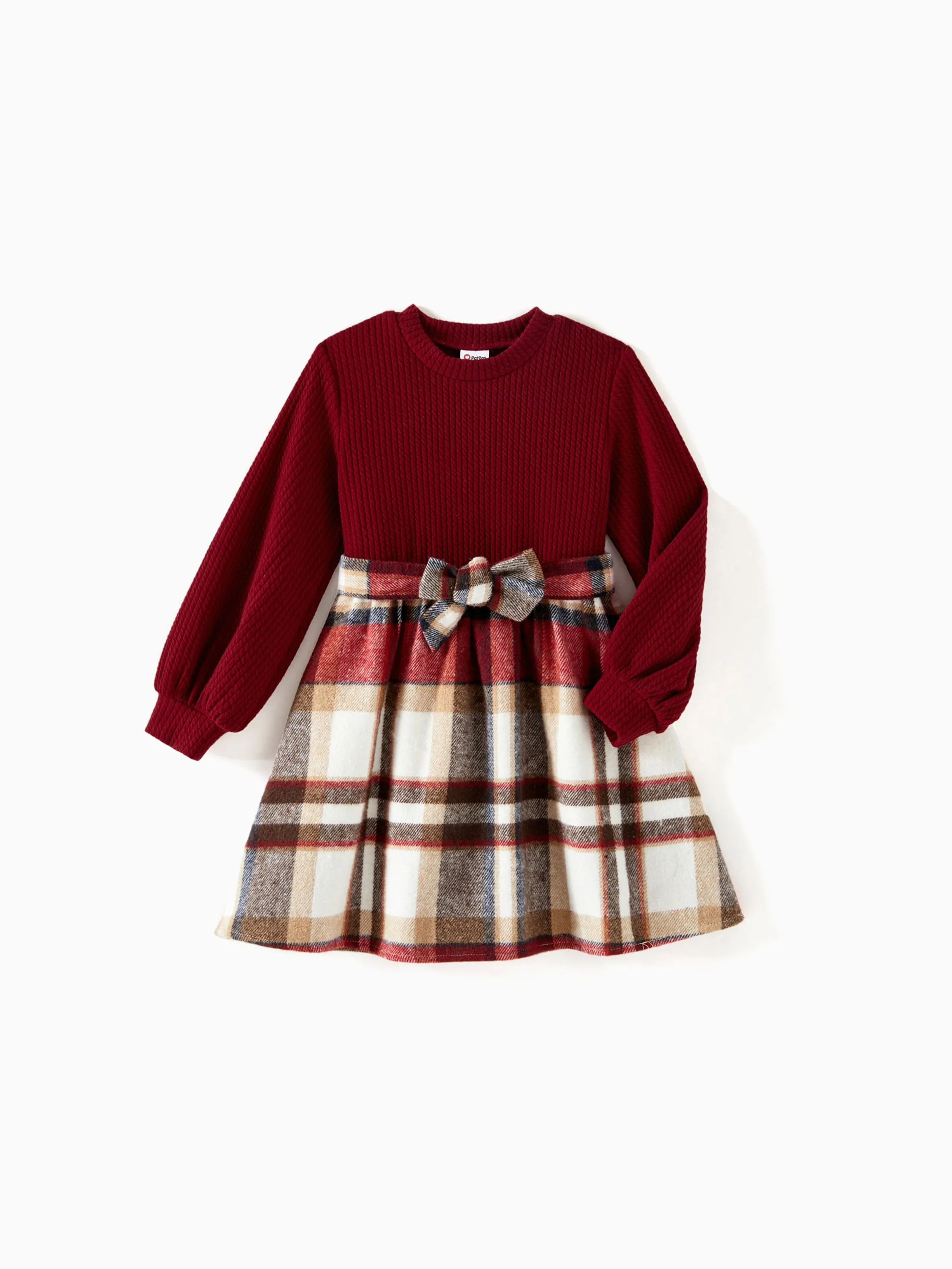 Family Matching Solid Ribbed Spliced Plaid Belted Dresses and Long-sleeve Button Up Shirts Sets MAROON - XNAUWBI