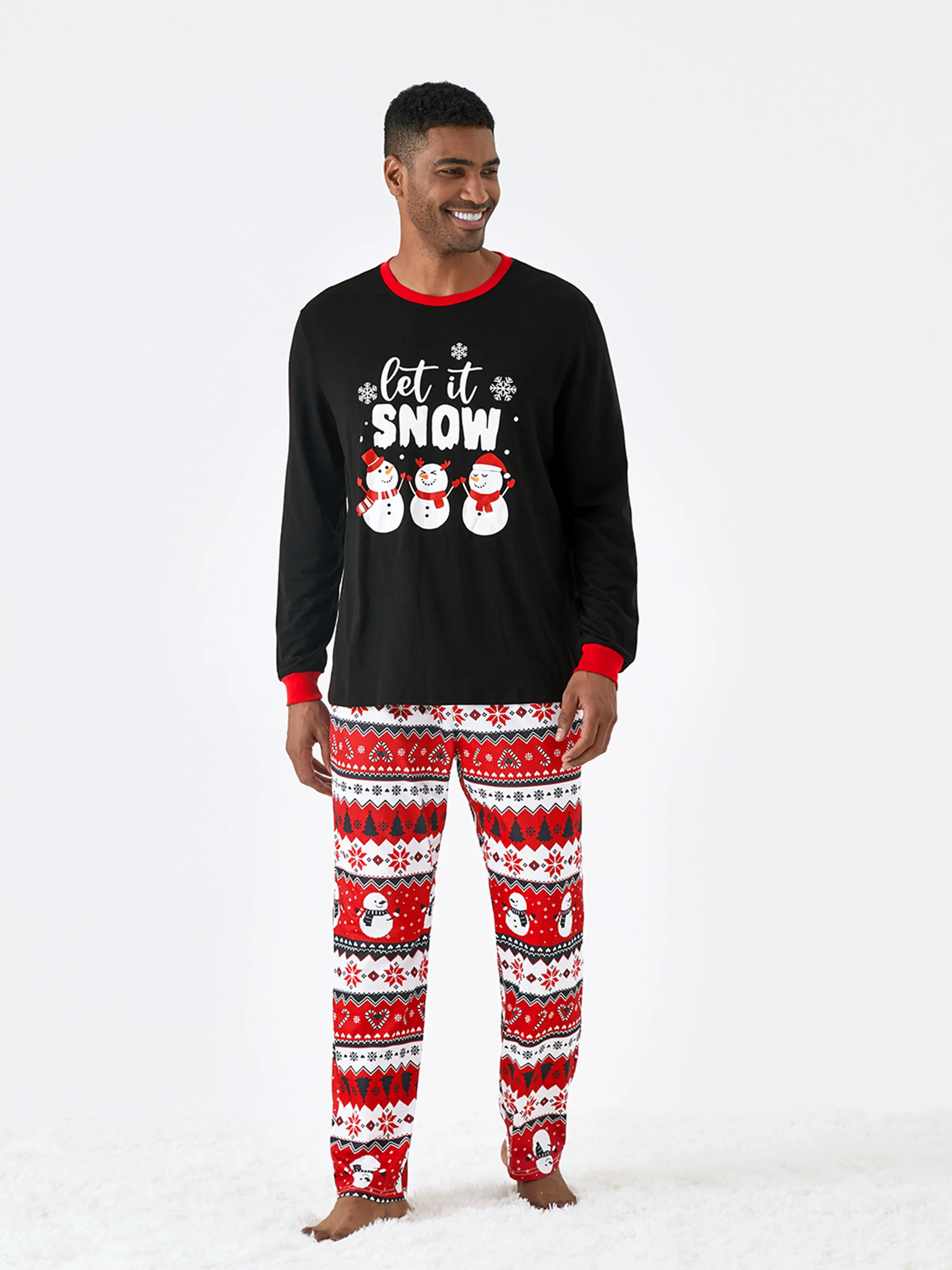 Christmas Family Pajamas Set Snowman Print Long-sleeve PJS with Christmas Socks Black - XNAUWBI