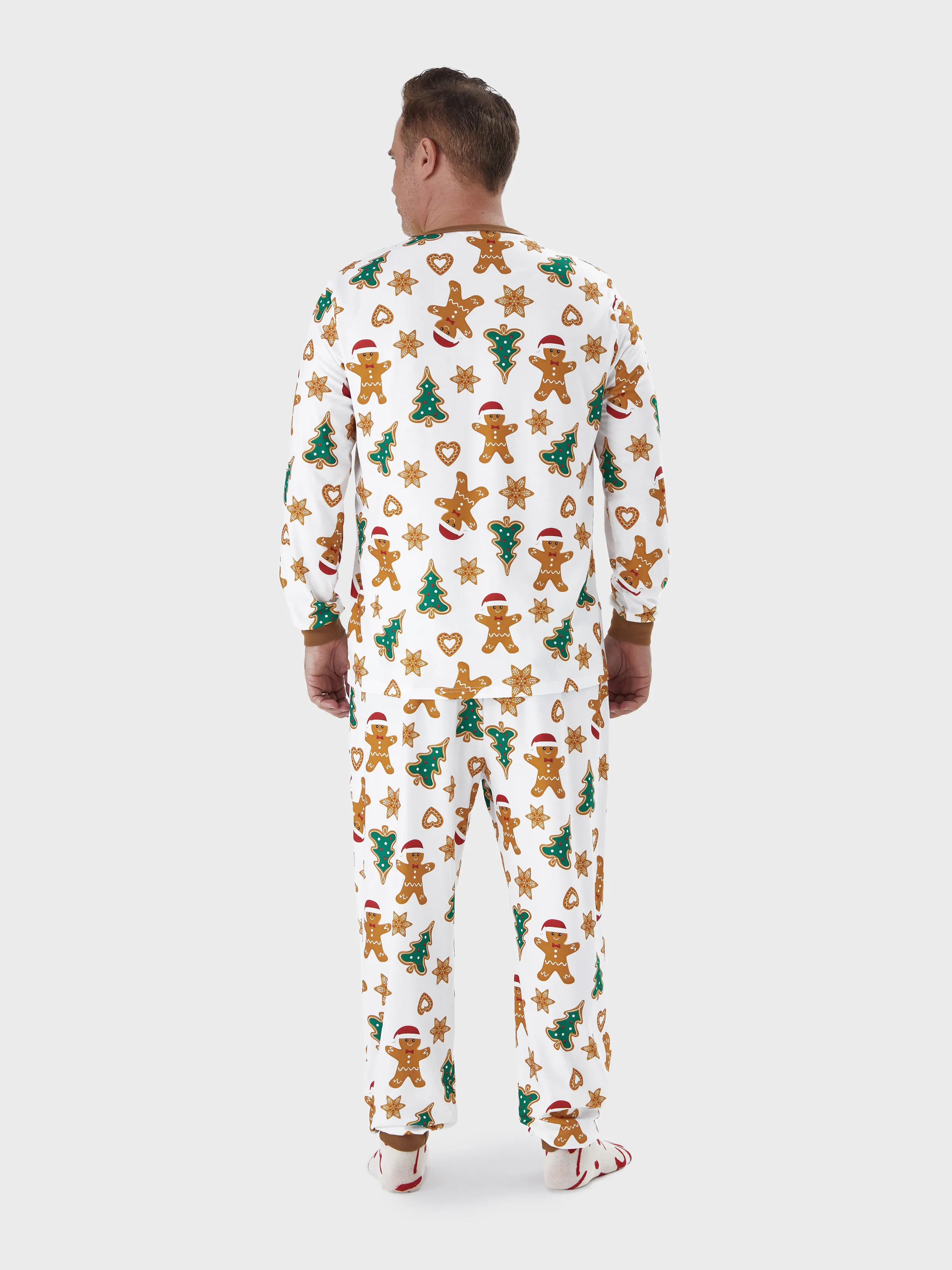 Christmas Family Matching Cartoon Gingerbread Man and Tree All-over Print Long-sleeve Pajamas Sets with Christmas Socks Coffee - XNAUWBI
