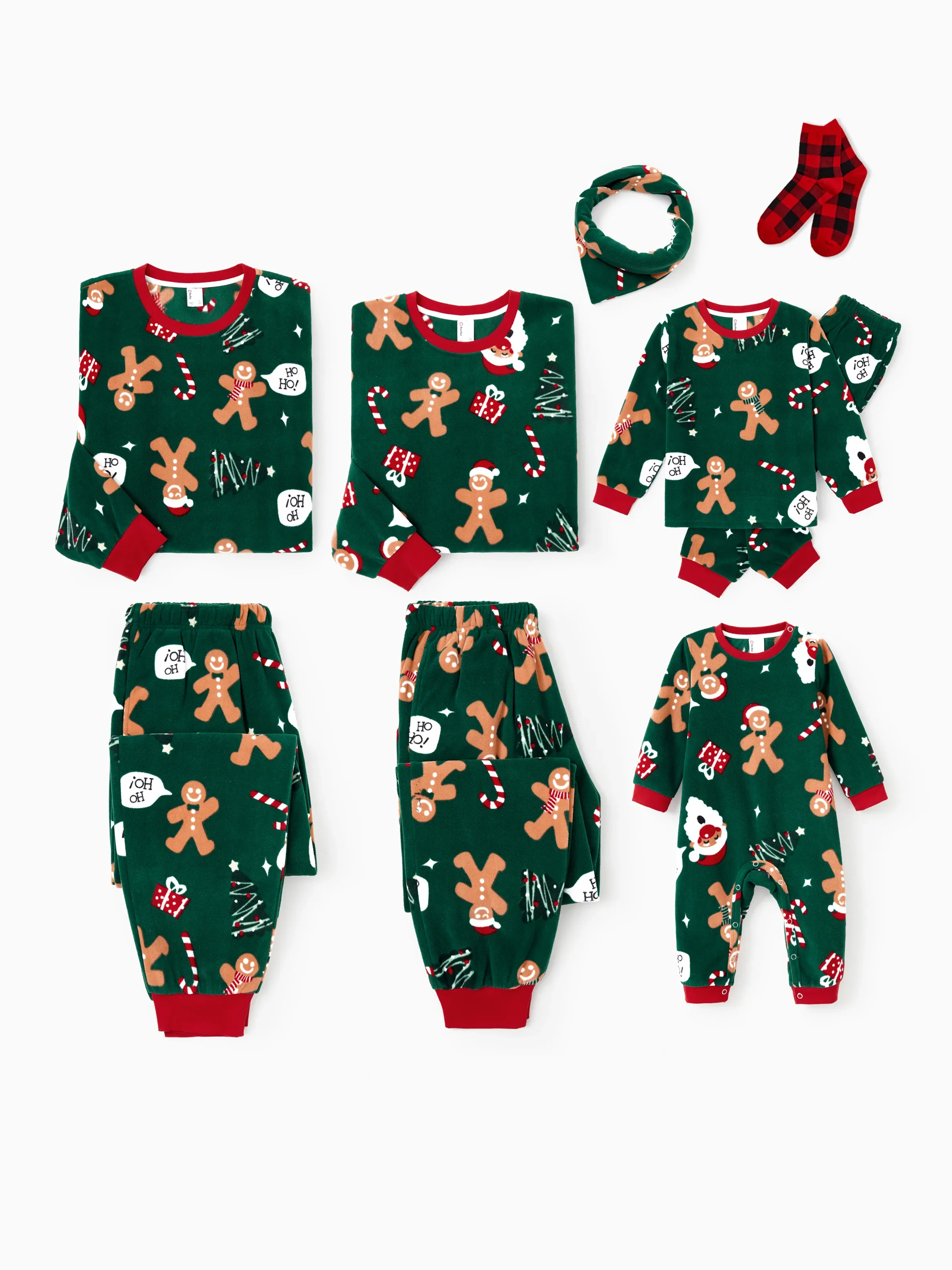 Christmas Pajamas Family Matching Fleece Gingerbread Man Long Sleeves Pajamas Sets with Christmas Socks Dark Green - XNAUWBI