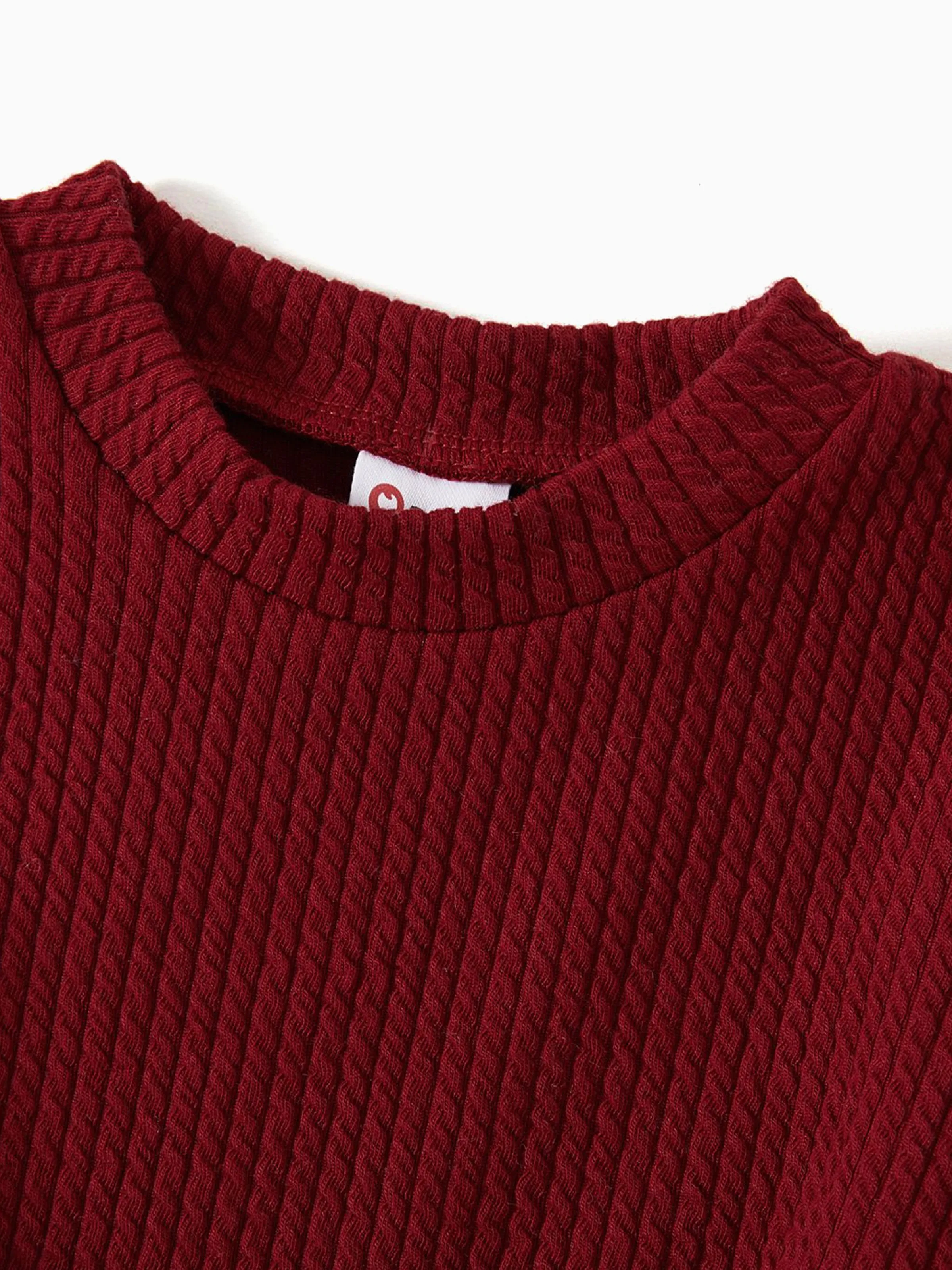 Family Matching Solid Ribbed Spliced Plaid Belted Dresses and Long-sleeve Button Up Shirts Sets MAROON - XNAUWBI