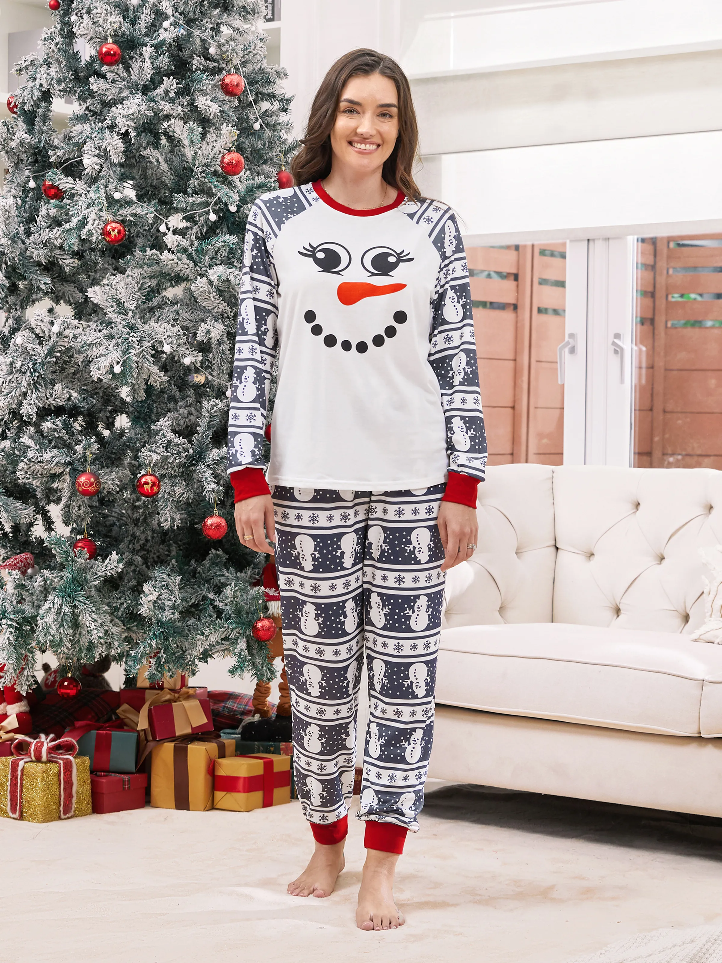 Matching Christmas Pajamas Family Snowman Pattern Long Sleeves PJs Sets Christmas Socks Dark Grey - XNAUWBI