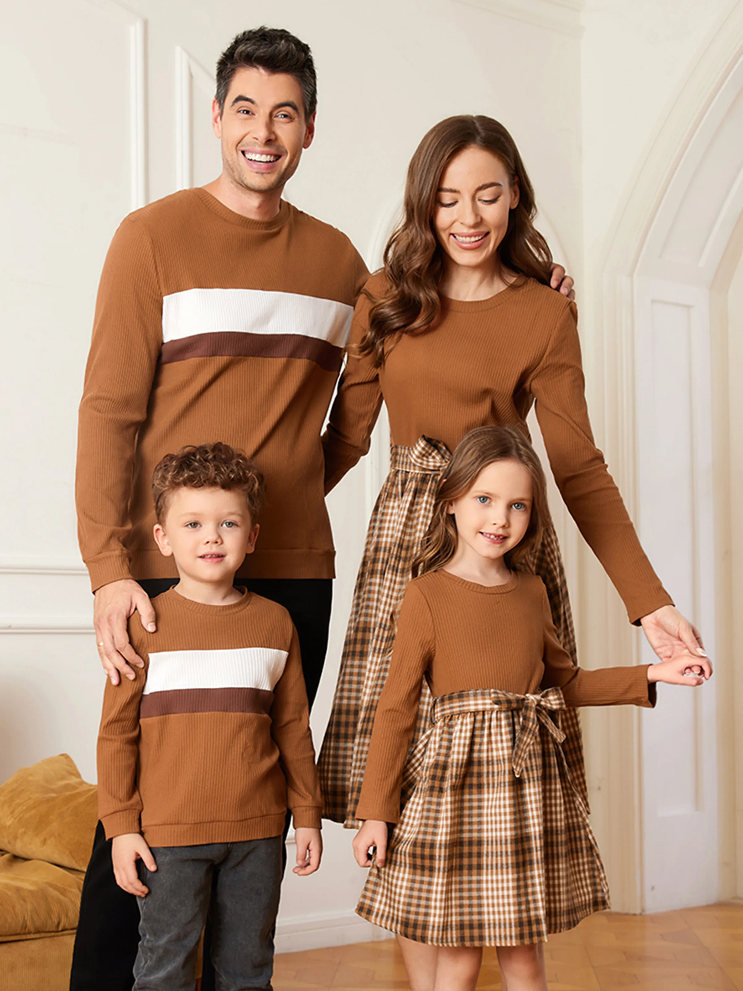 Family Matching Coffee Ribbed Spliced Plaid Belted Dresses and Long-sleeve Colorblock Tops Set Coffee - XNAUWBI