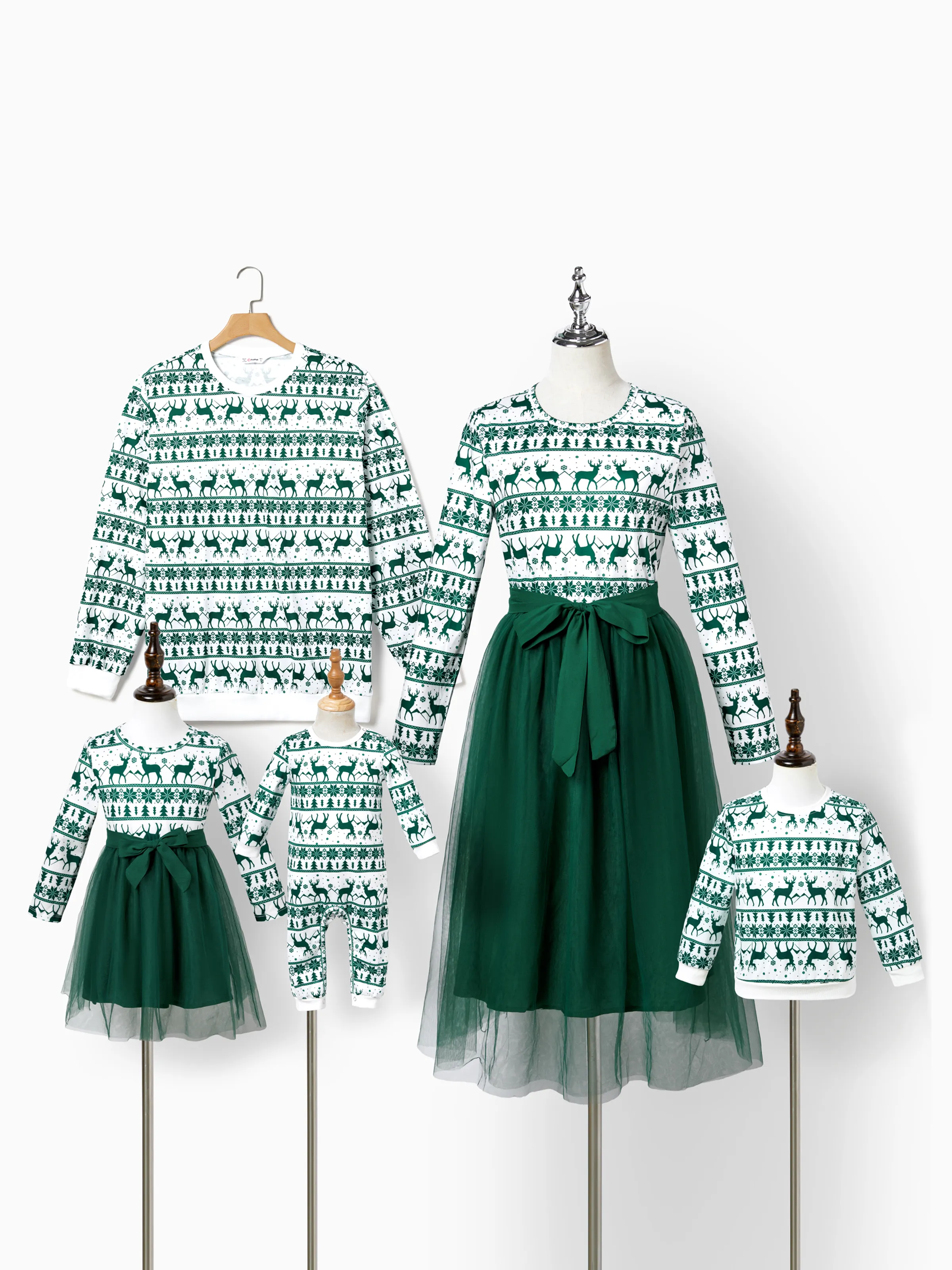 Christmas Family Matching Green Festival Theme Print Tops and Mesh Splicing Dresses Sets Green - XNAUWBI