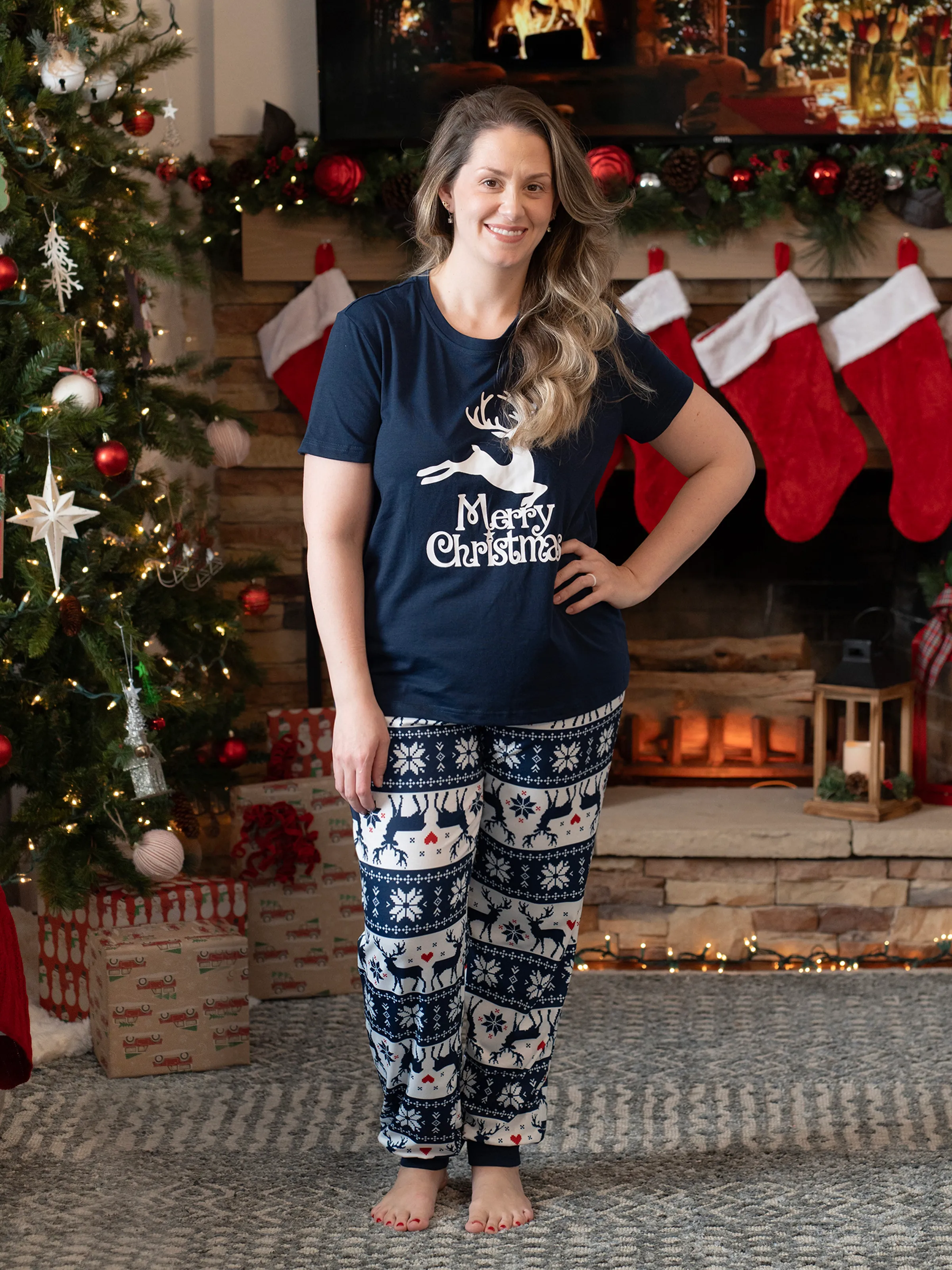 Christmas Reindeer Print Glow in the Dark Family Matching Pajamas Sets with Christmas Socks Deep Blue - XNAUWBI