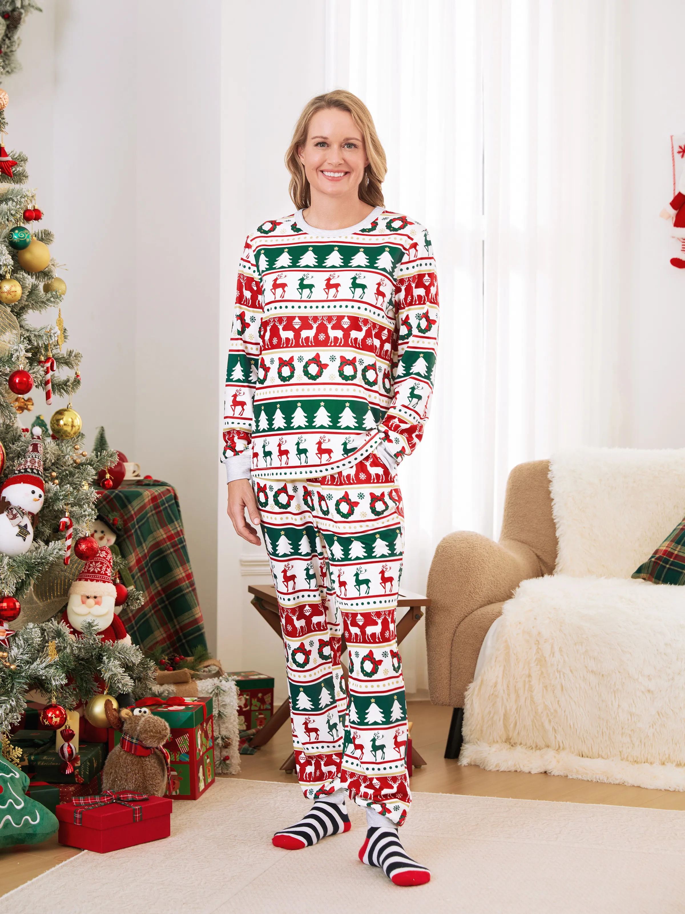 Christmas Pajamas Family Matching Allover Reindeer/Xmas Tree Pattern PJs Sets with Christmas Socks ColorBlock - XNAUWBI