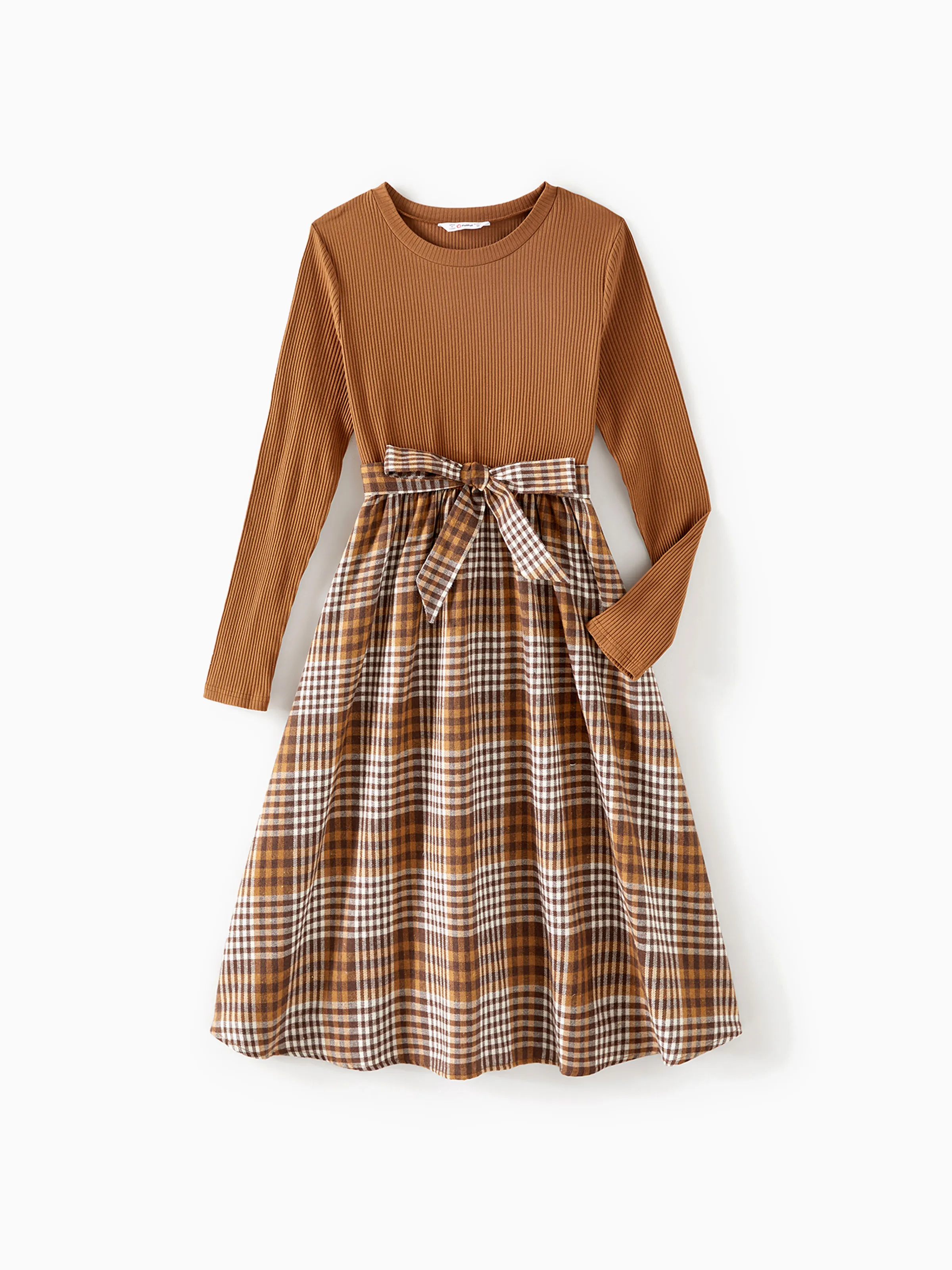 Family Matching Coffee Ribbed Spliced Plaid Belted Dresses and Long-sleeve Colorblock Tops Set Coffee - XNAUWBI