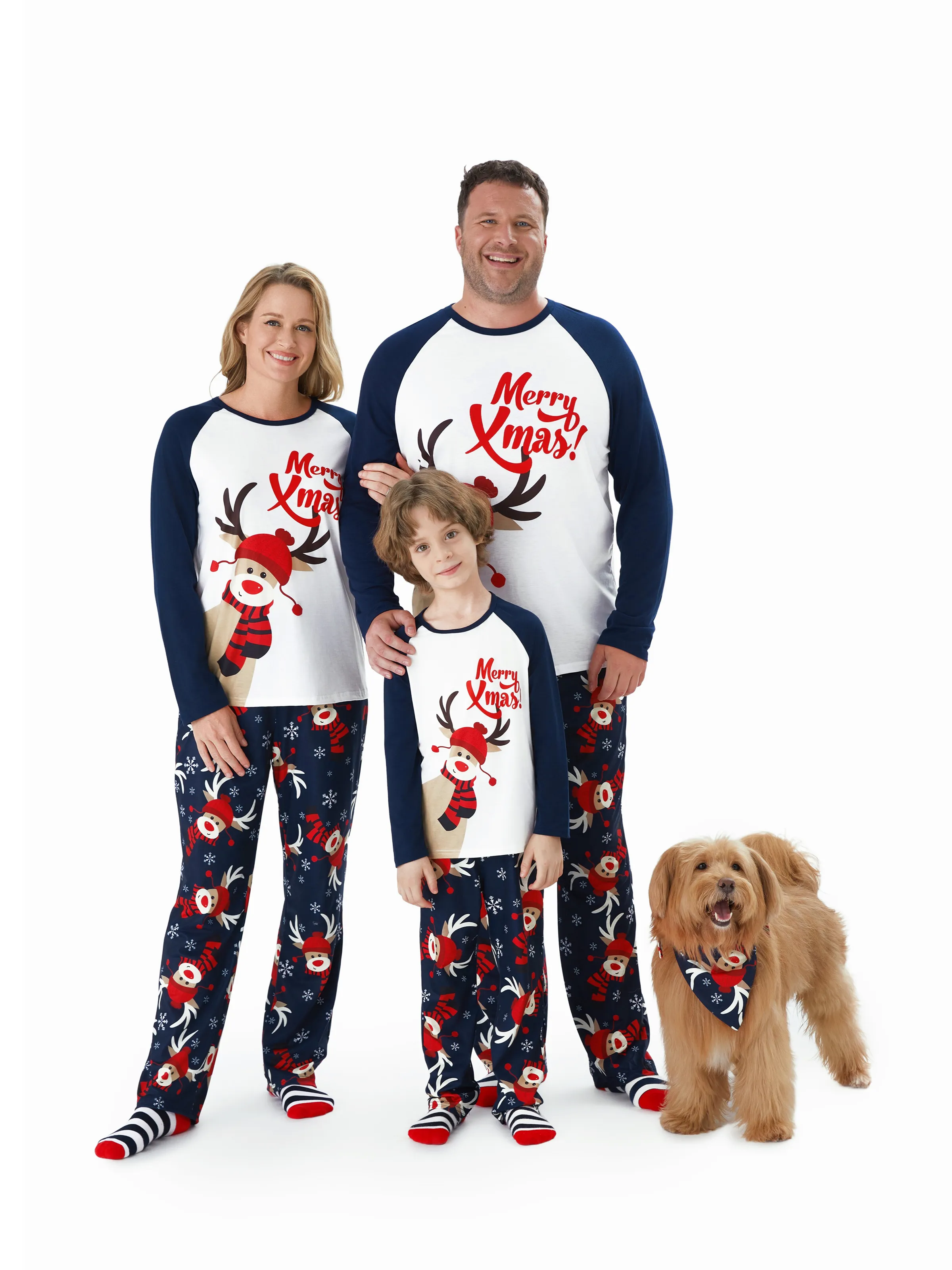 Christmas Family Pajamas Reindeer Pattern Big Graphic Raglan Sleeves Pajamas Sets with Christmas Socks Dark blue/White/Red - XNAUWBI