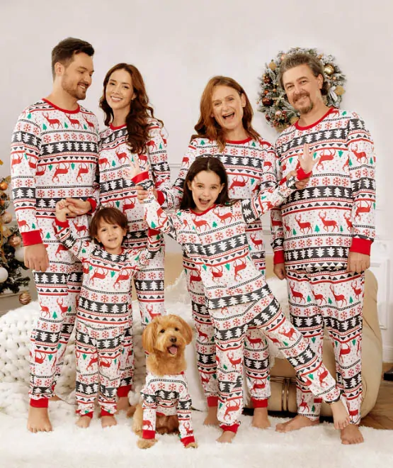 Family Christmas Pajamas All Over Reindeer Print Long-sleeve with Christmas Socks (SGS Certied Safety) Red+White - XNAUWBI