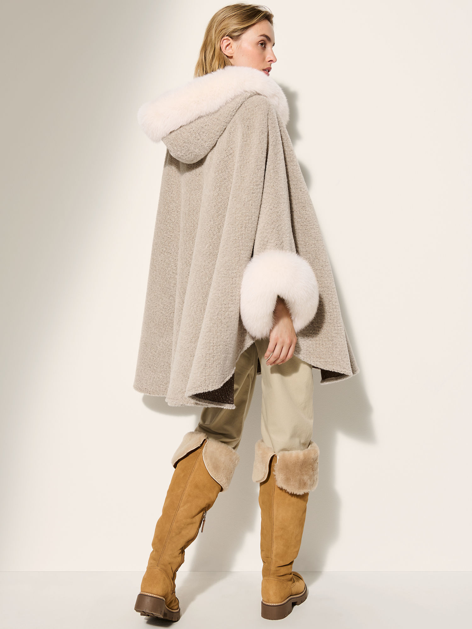 Skye Hooded Alpaca Wool-Blend Cape with Fur Trim - XNAUWBI