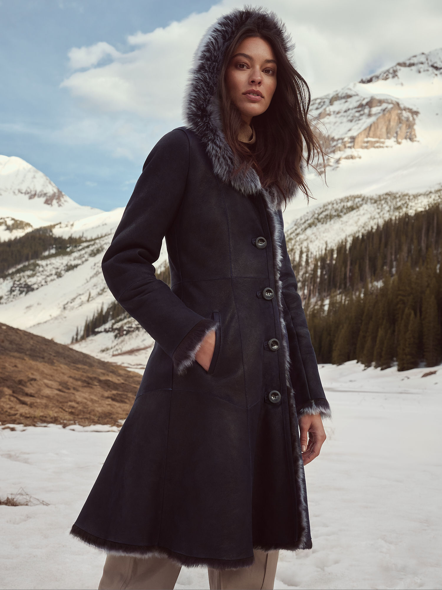 Theodora Hooded Navy Toscana Sheepskin Coat - XNAUWBI