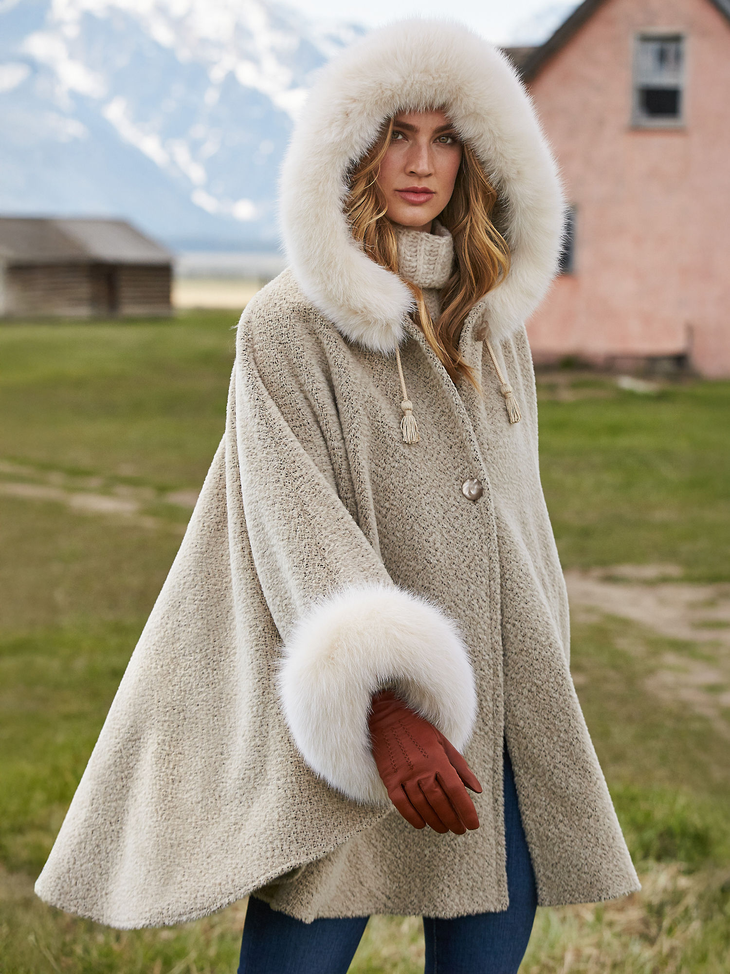 Skye Hooded Alpaca Wool-Blend Cape with Fur Trim - XNAUWBI