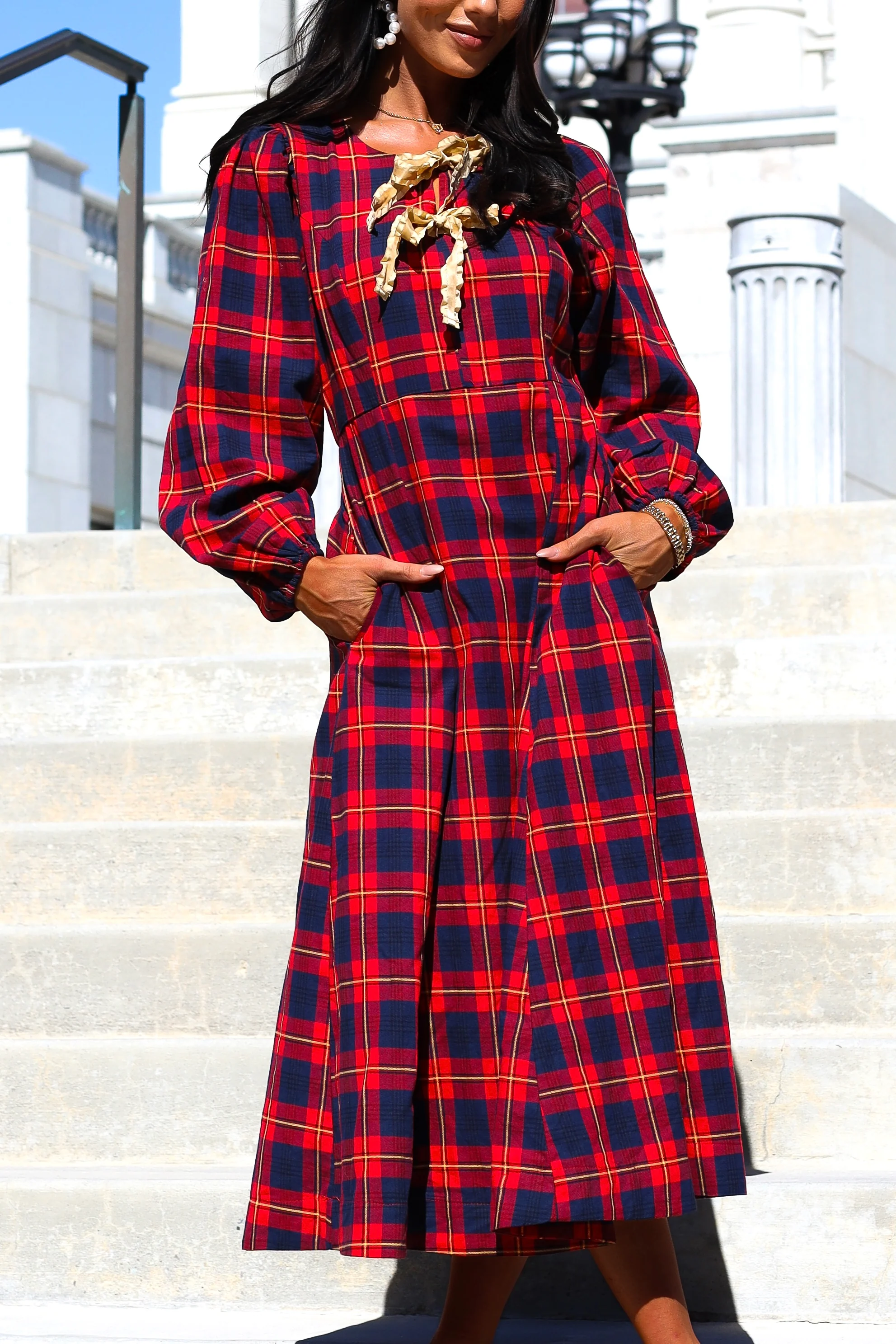 The Joans Holly Red/Navy/Gold Plaid Dresses - XNAUWBI