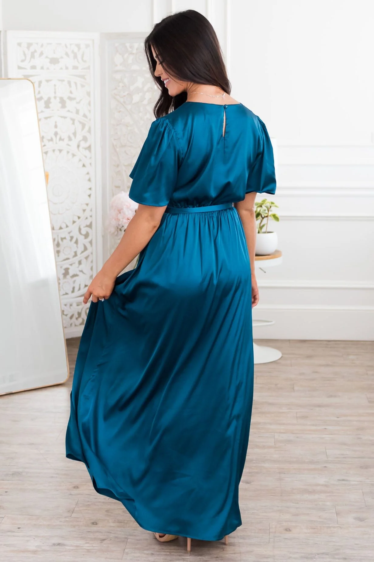 The Mathilda Teal Lustre Shiny Satin Dresses - XNAUWBI
