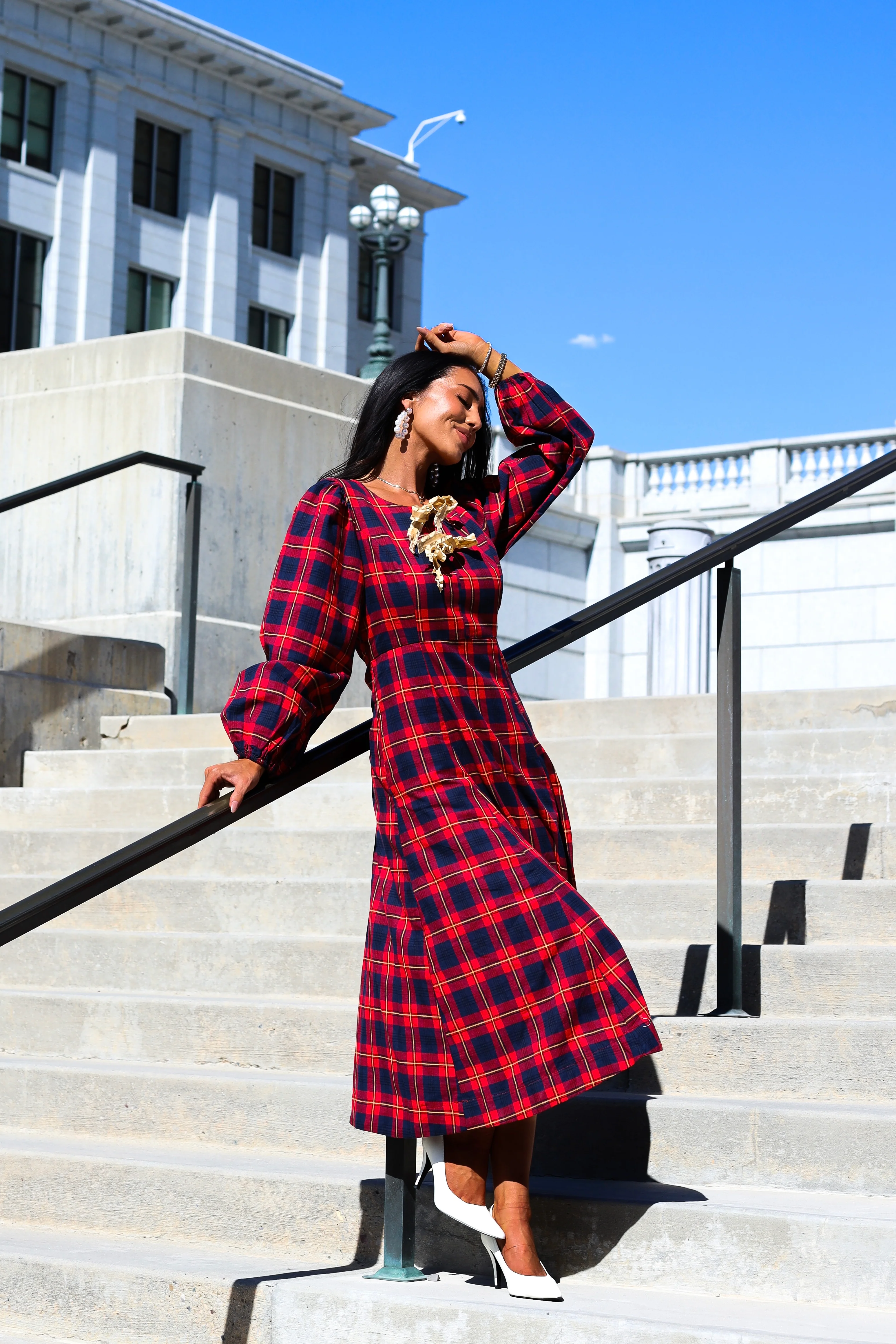 The Joans Holly Red/Navy/Gold Plaid Dresses - XNAUWBI
