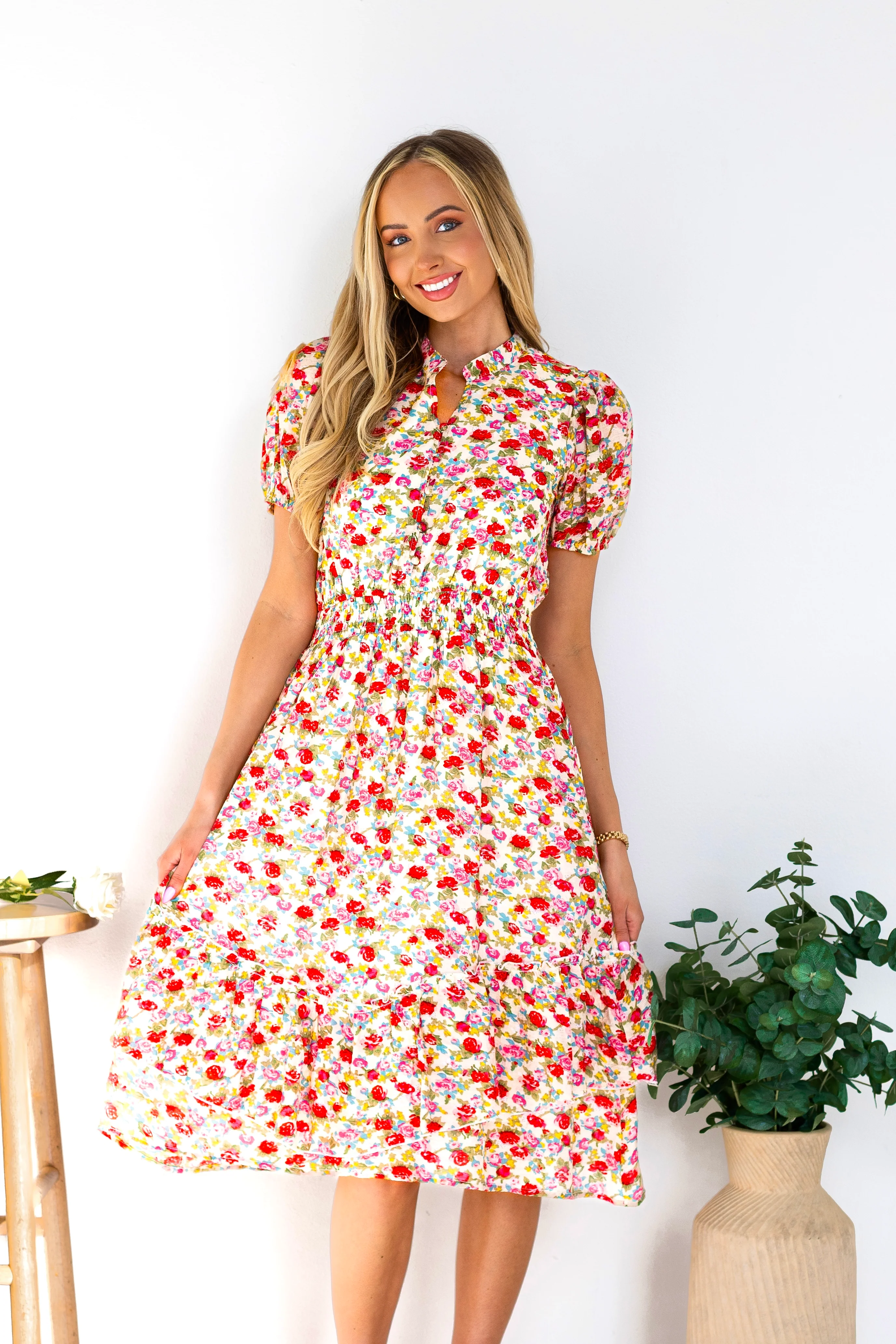The Candi Cream/Pink Floral Dresses - XNAUWBI