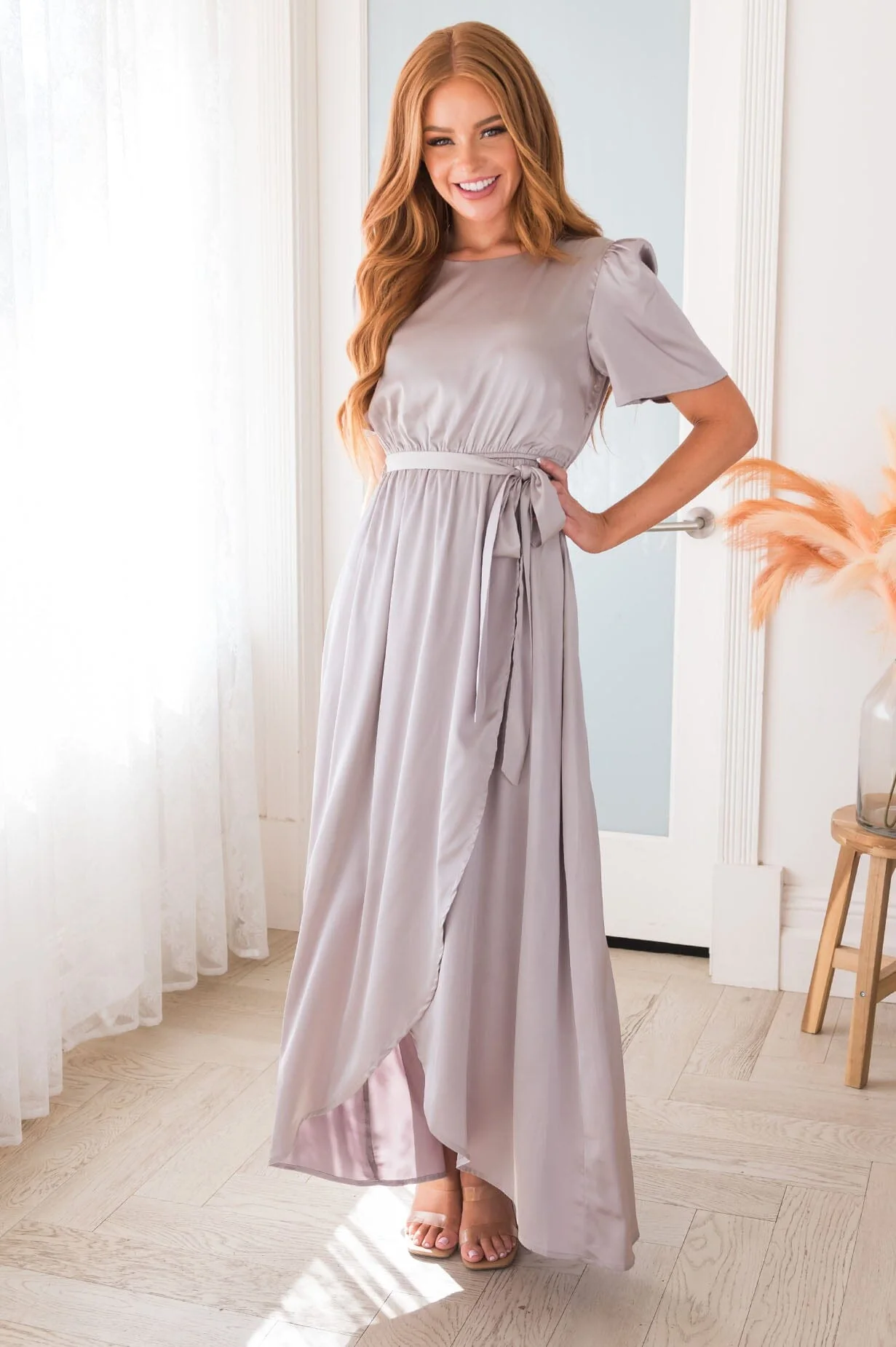 The Pristine Gray Lustre Shiny Satin Dresses - XNAUWBI