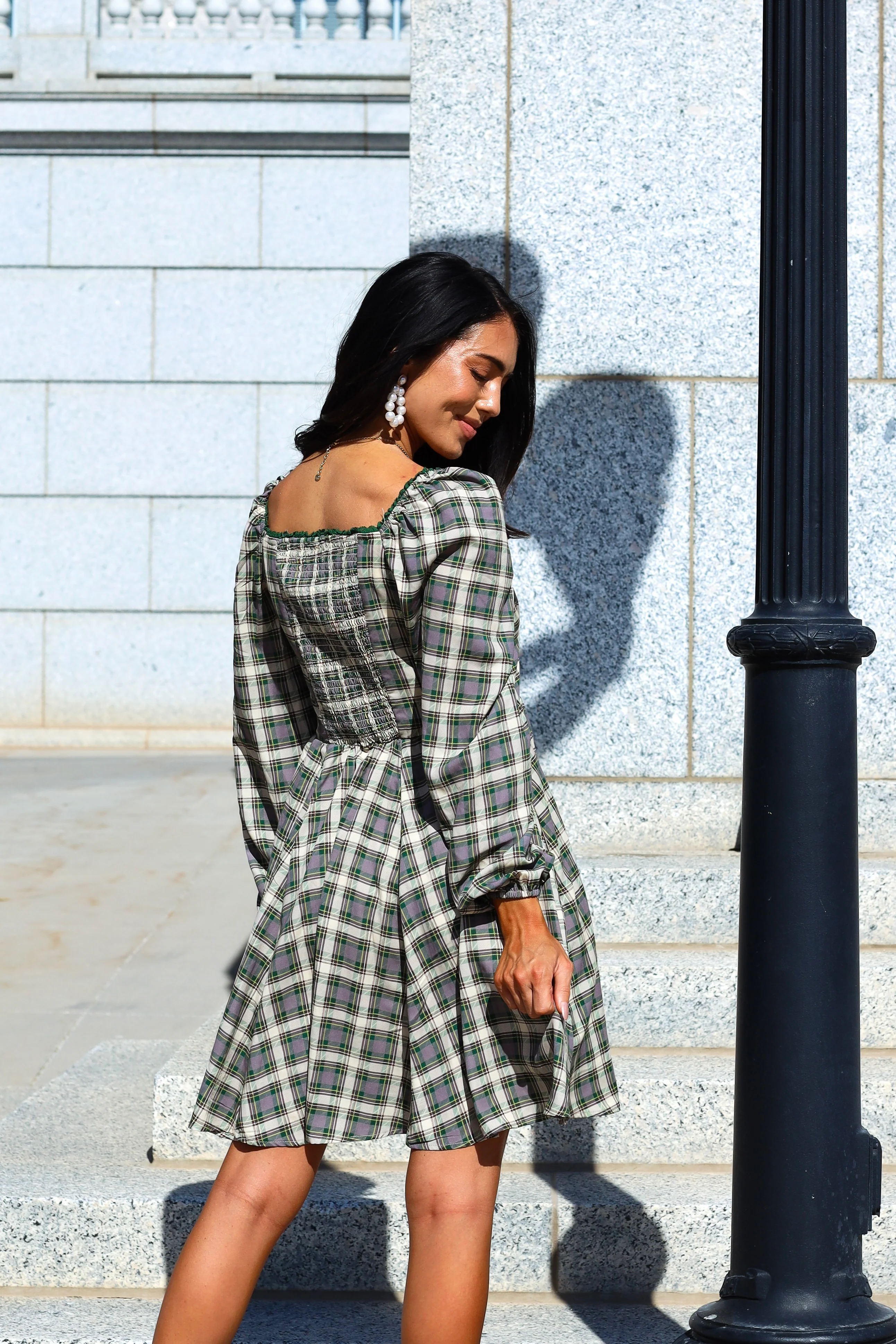 The Lionne Evergreen/Grey/Beige Plaid Dresses - XNAUWBI