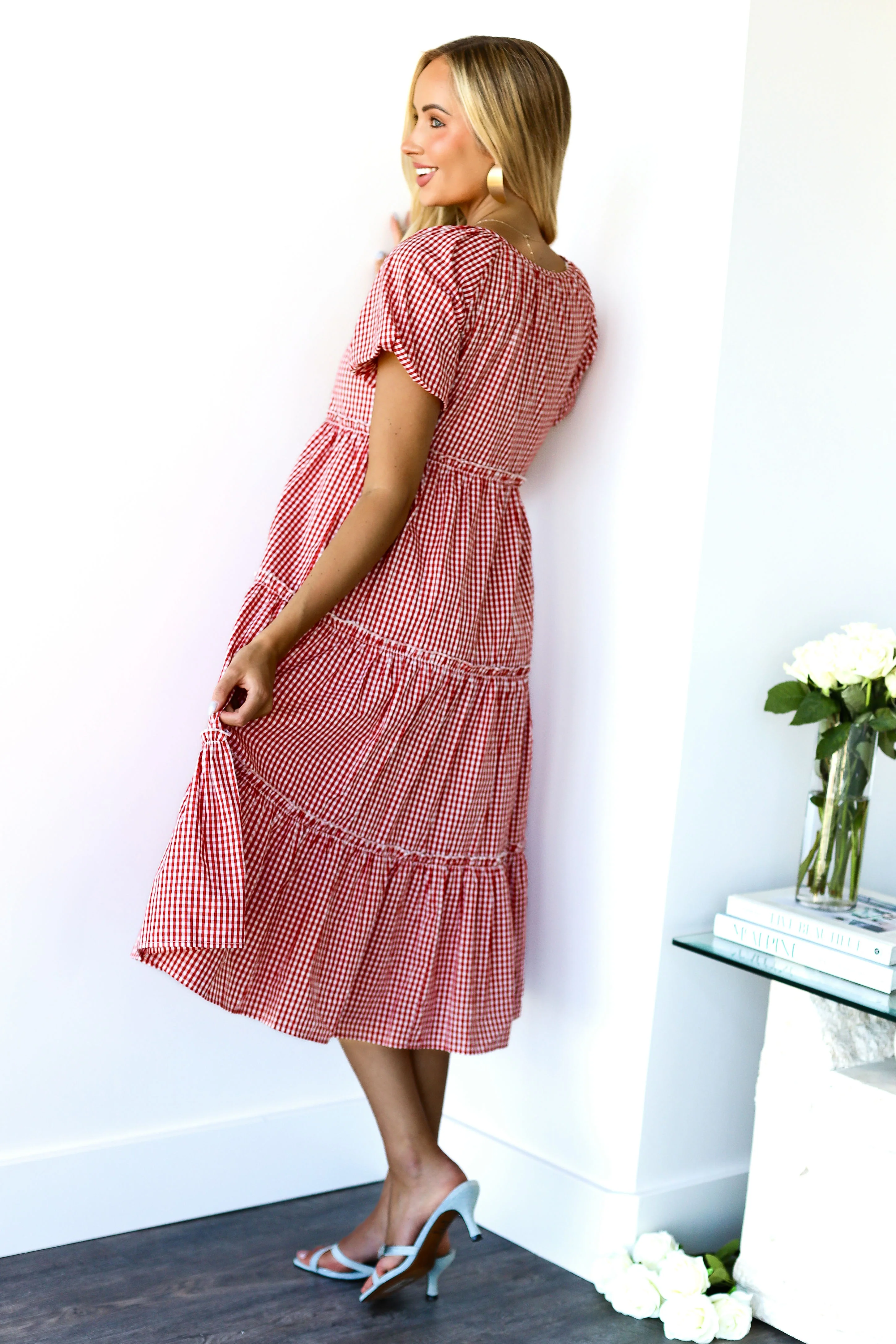 The Serena Red Check Dresses - XNAUWBI
