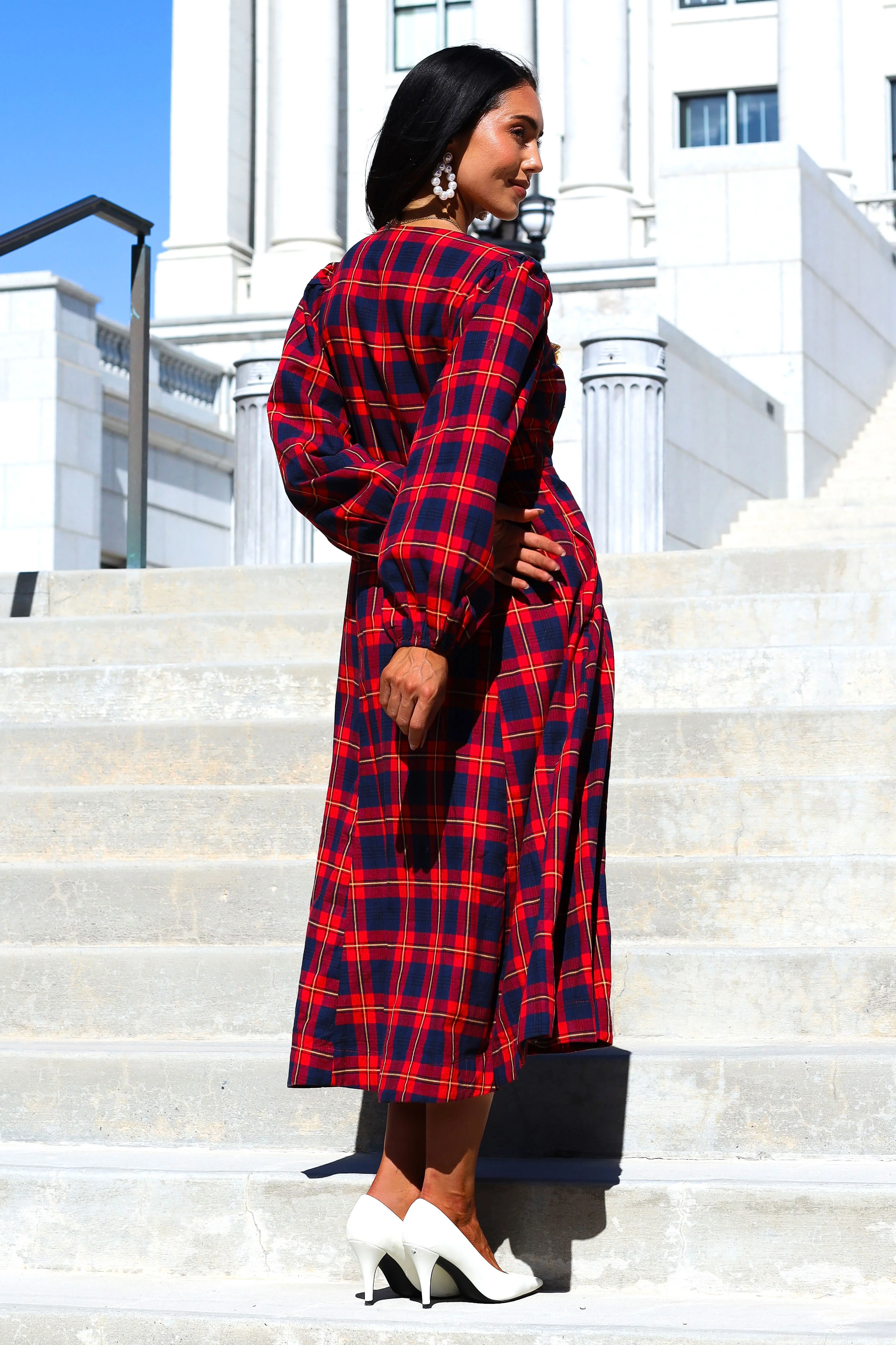 The Joans Holly Red/Navy/Gold Plaid Dresses - XNAUWBI