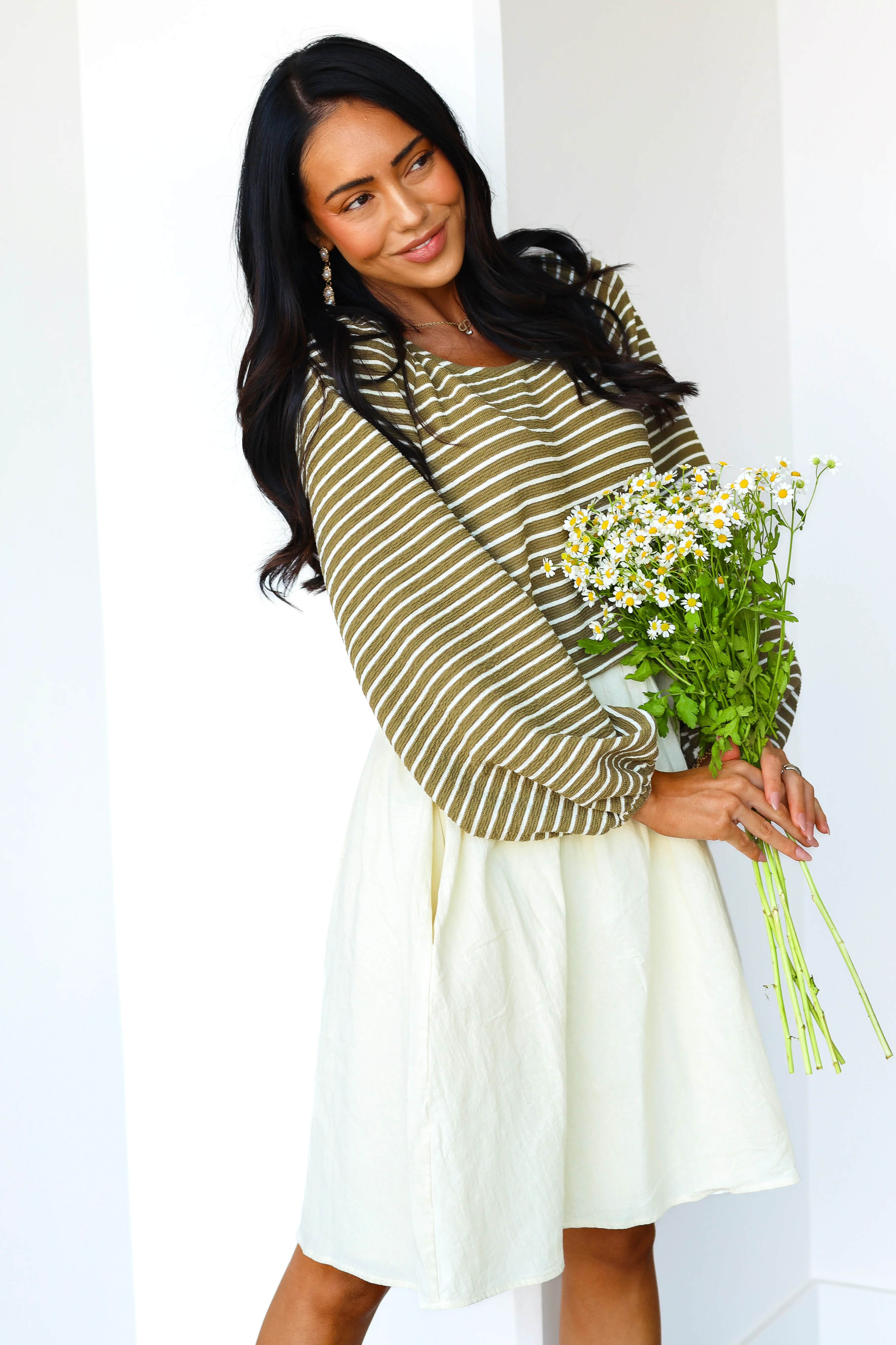 The Dawn Olive Stripe Dresses - XNAUWBI