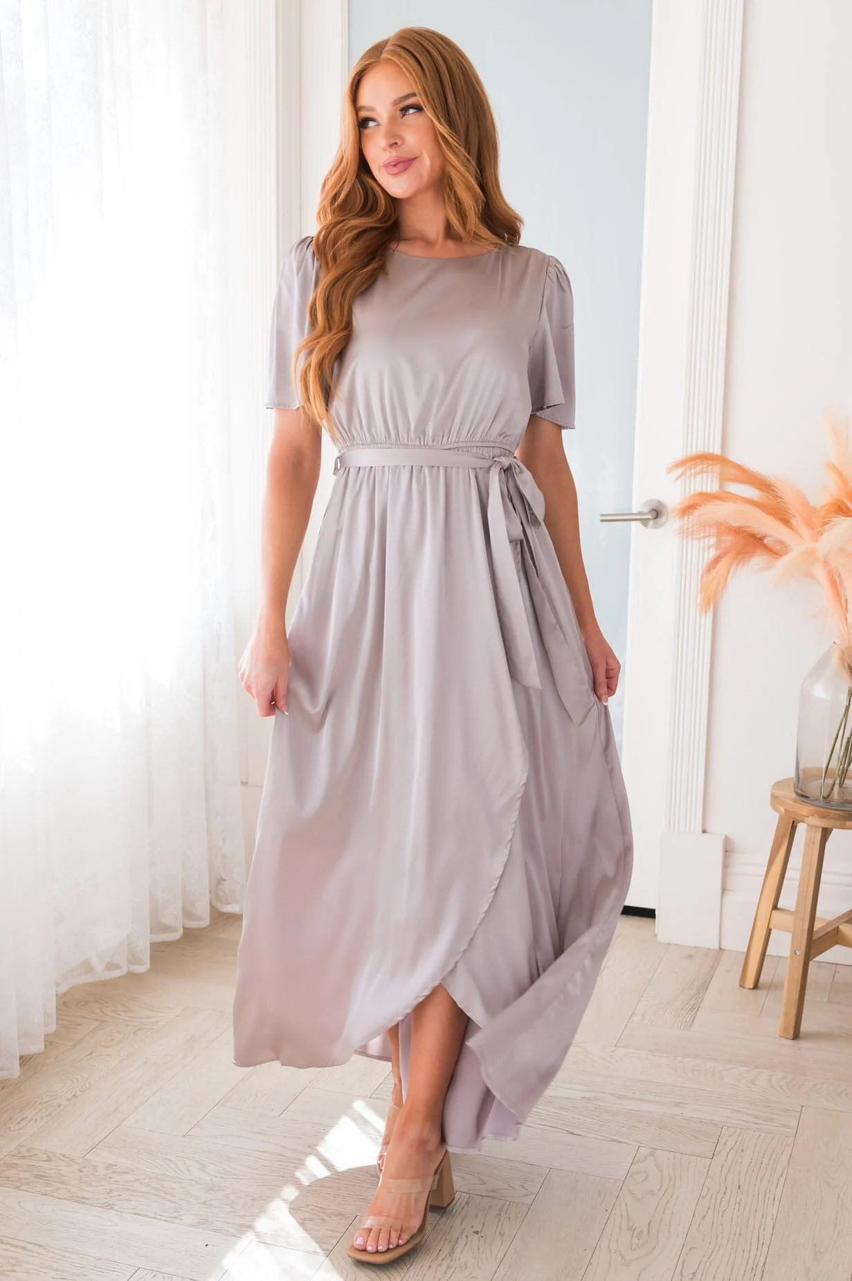 The Pristine Gray Lustre Shiny Satin Dresses - XNAUWBI