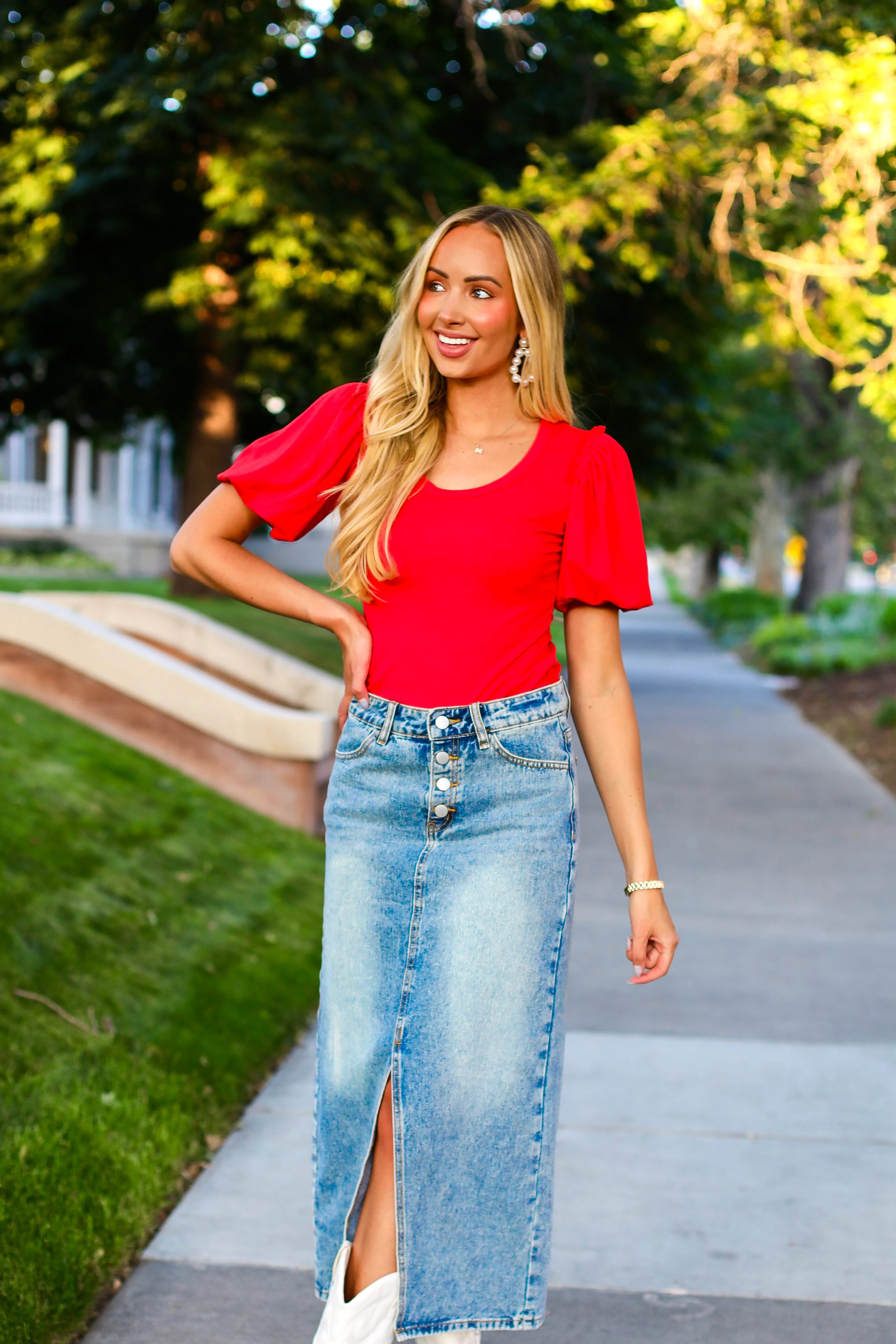 Bright Skies Modest Denim Skirt Faded Classic Dresses - XNAUWBI