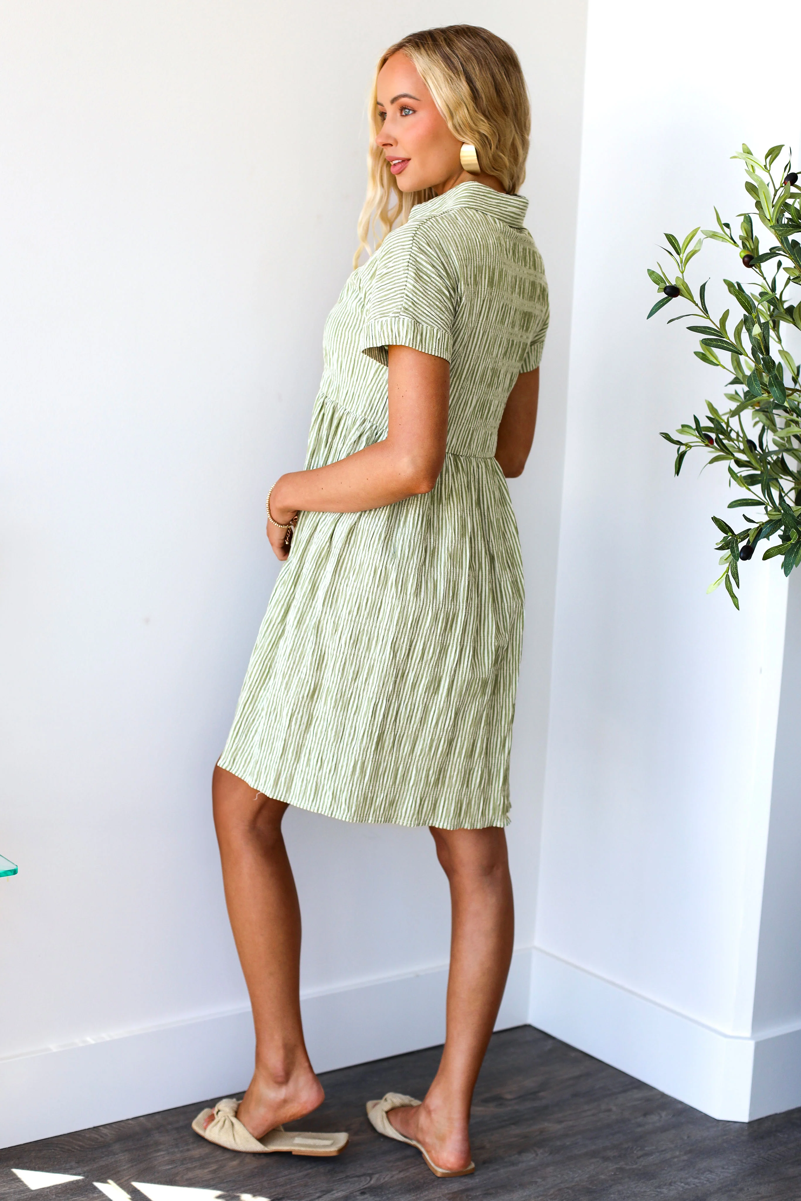 The Blanche Olive Stripe Dresses - XNAUWBI