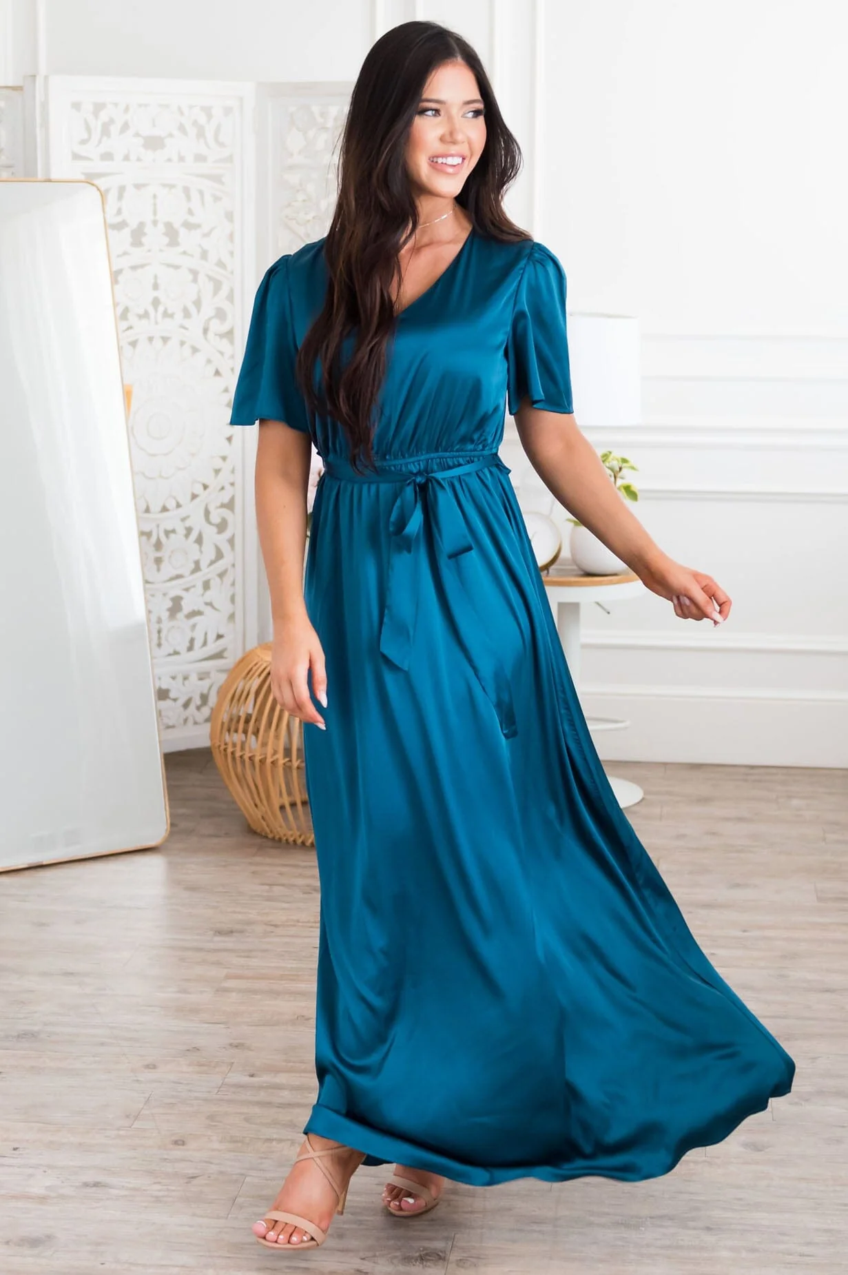 The Mathilda Teal Lustre Shiny Satin Dresses - XNAUWBI