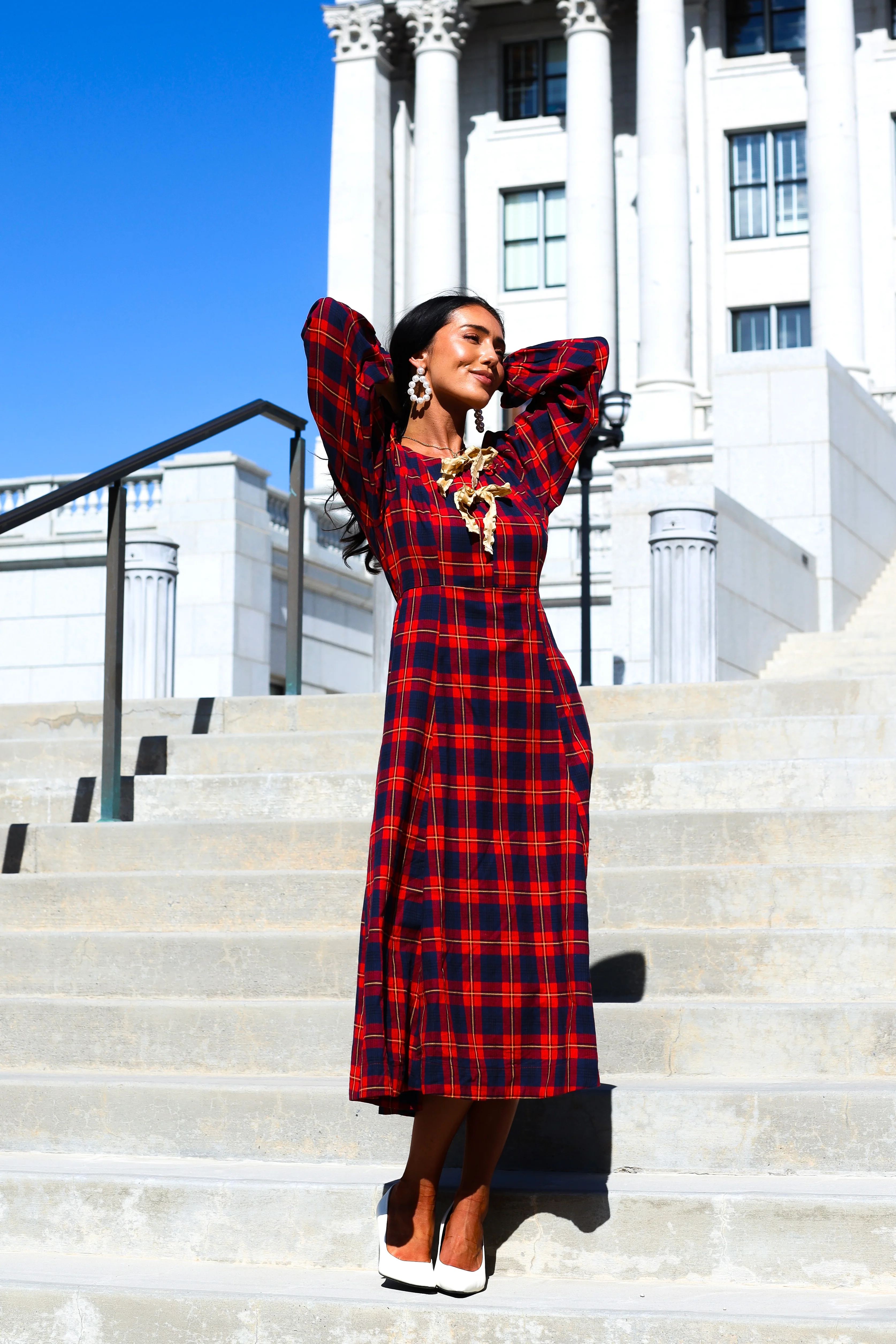 The Joans Holly Red/Navy/Gold Plaid Dresses - XNAUWBI