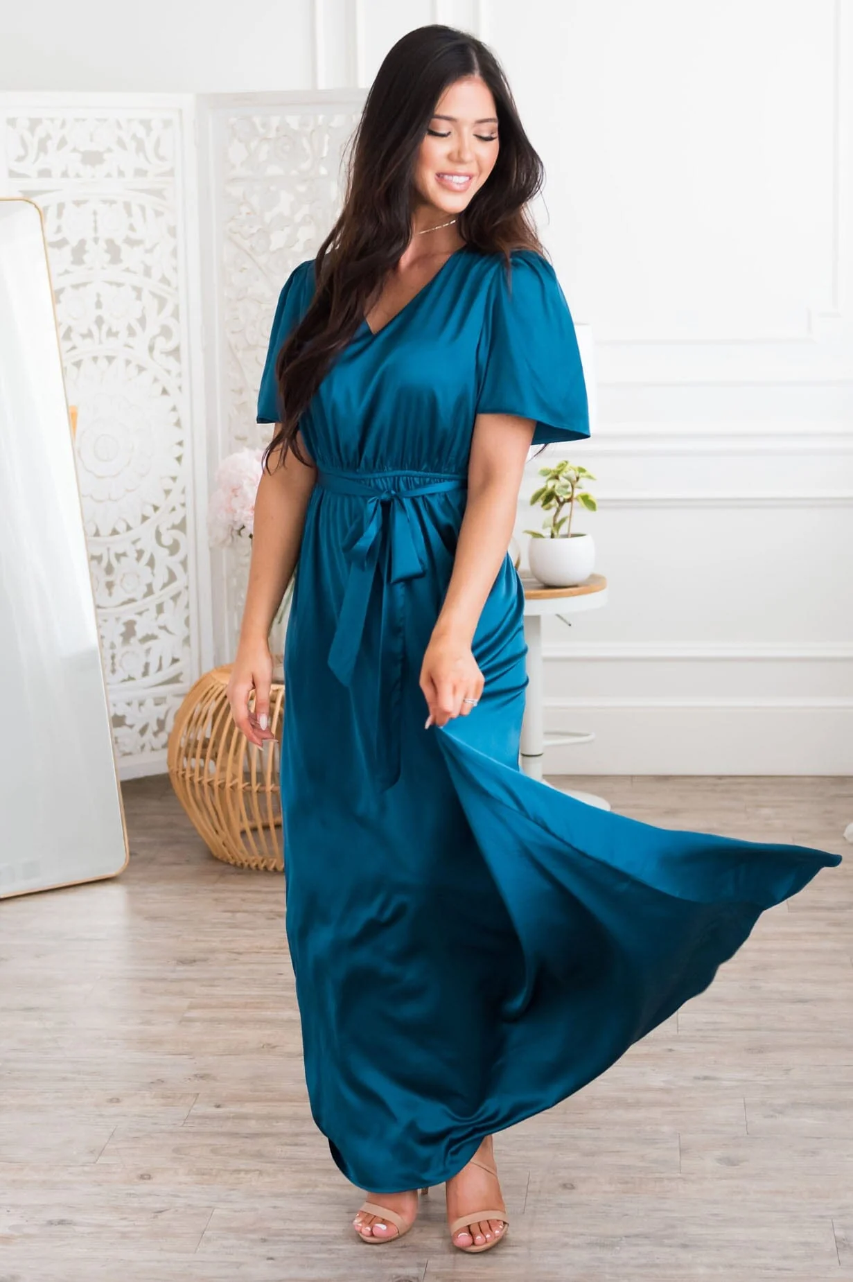 The Mathilda Teal Lustre Shiny Satin Dresses - XNAUWBI