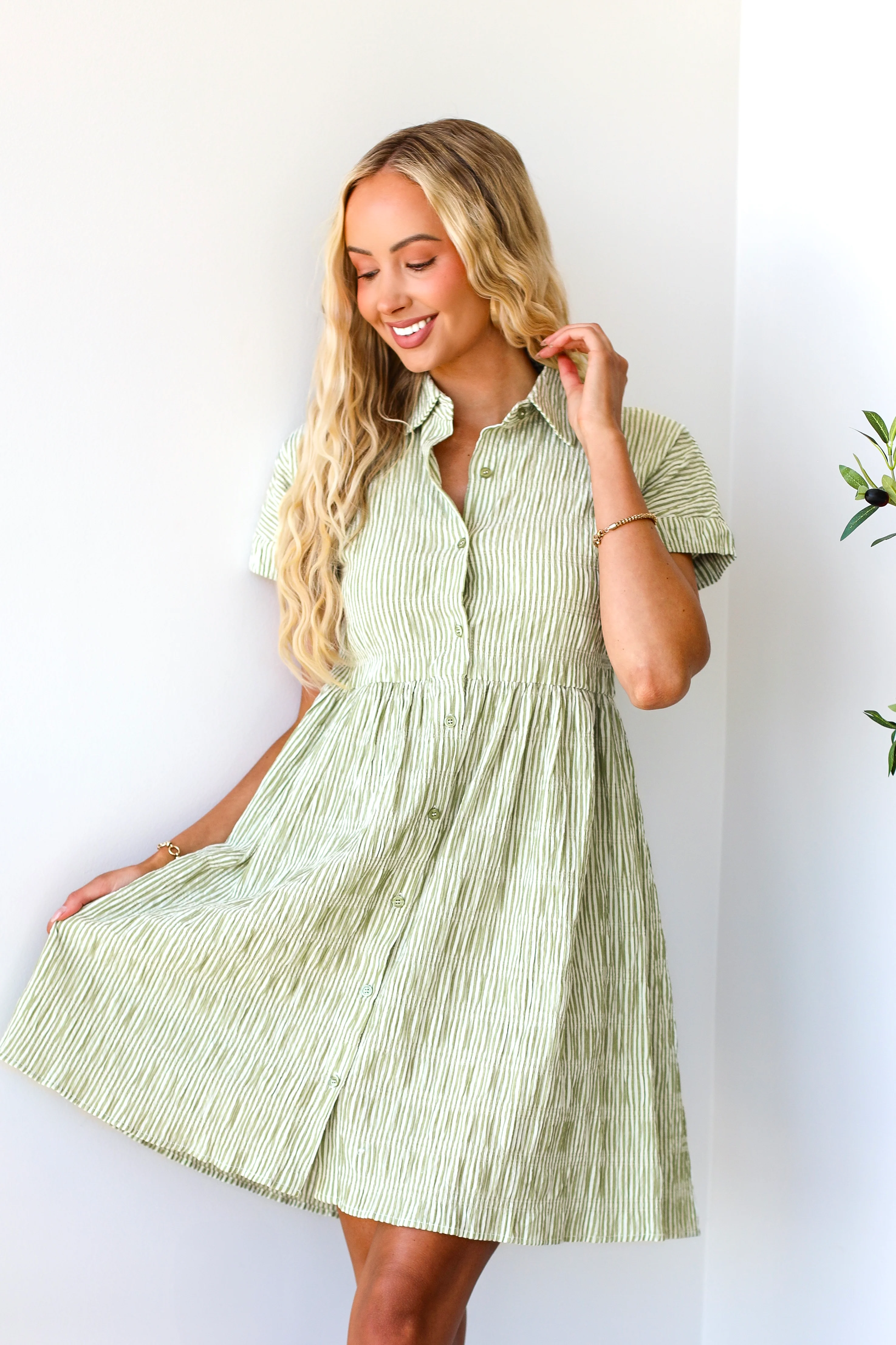 The Blanche Olive Stripe Dresses - XNAUWBI