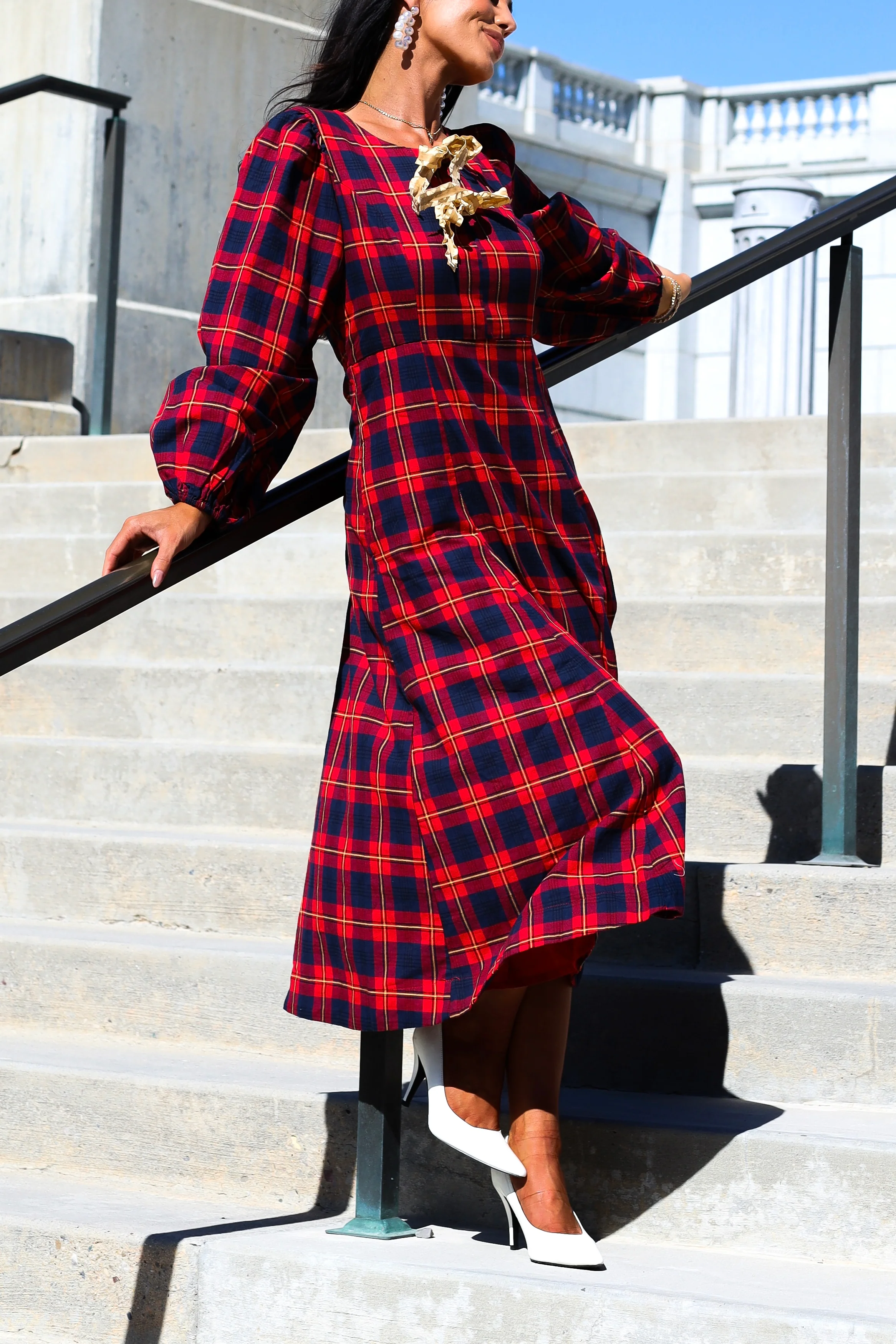 The Joans Holly Red/Navy/Gold Plaid Dresses - XNAUWBI