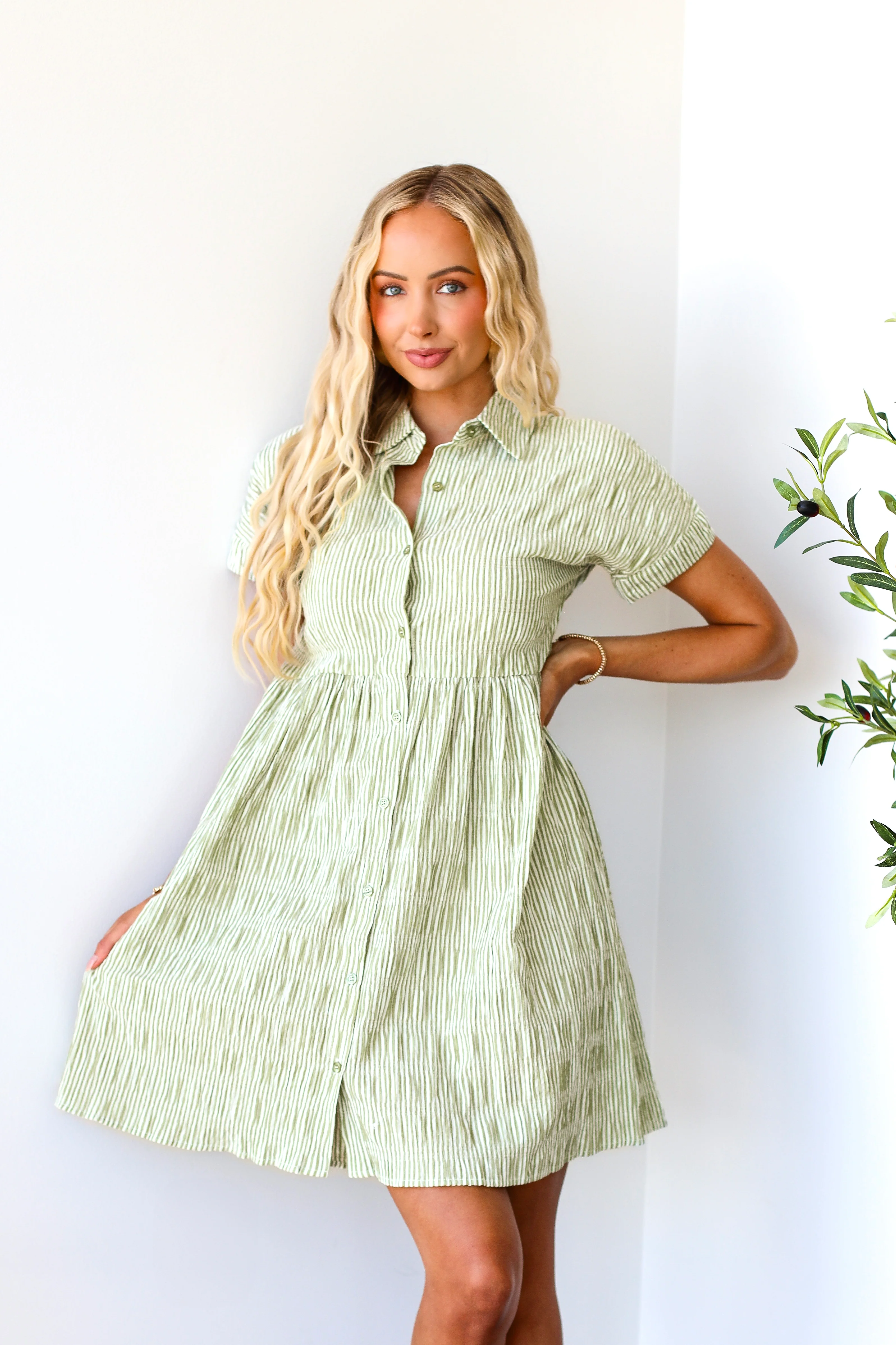 The Blanche Olive Stripe Dresses - XNAUWBI