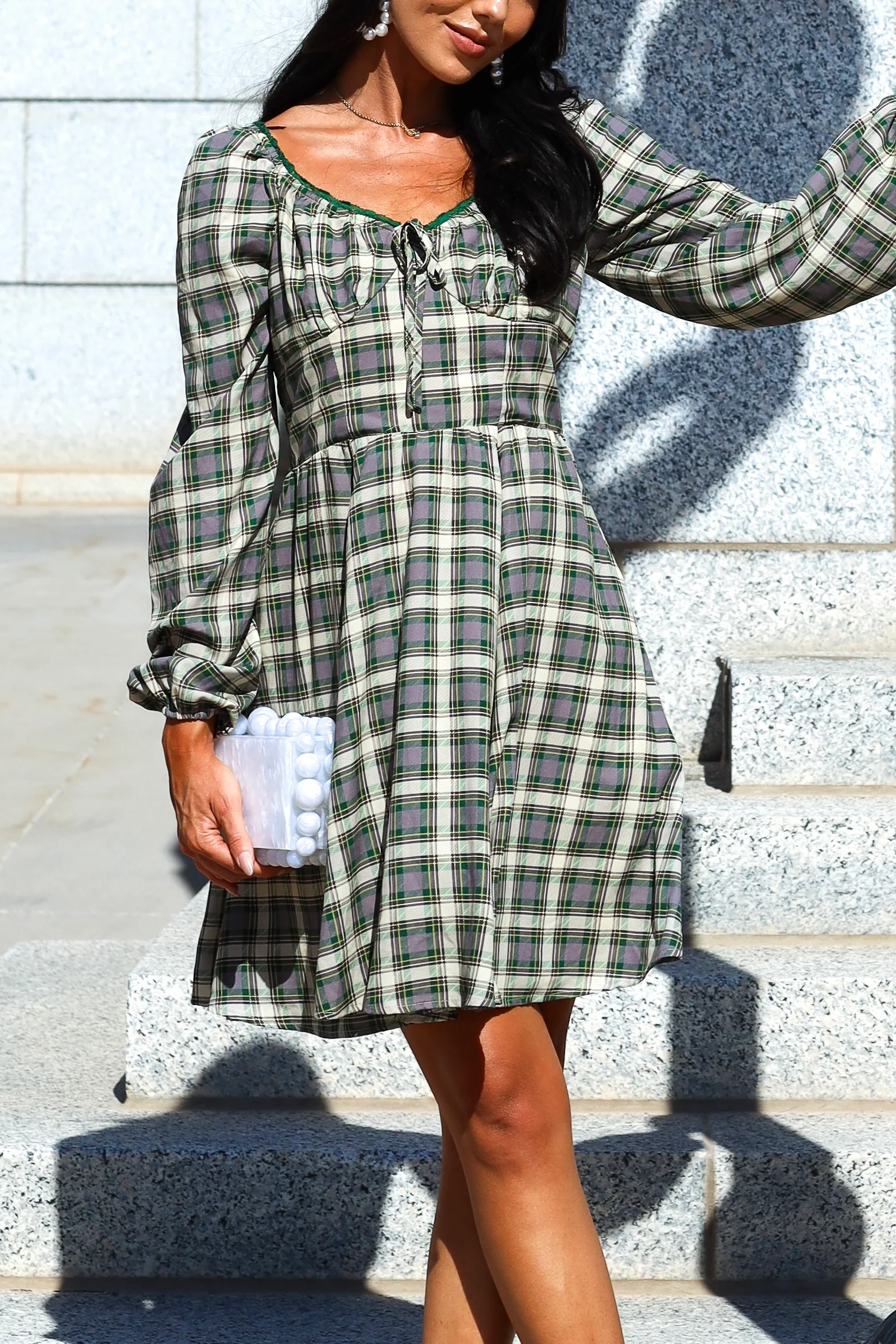 The Lionne Evergreen/Grey/Beige Plaid Dresses - XNAUWBI