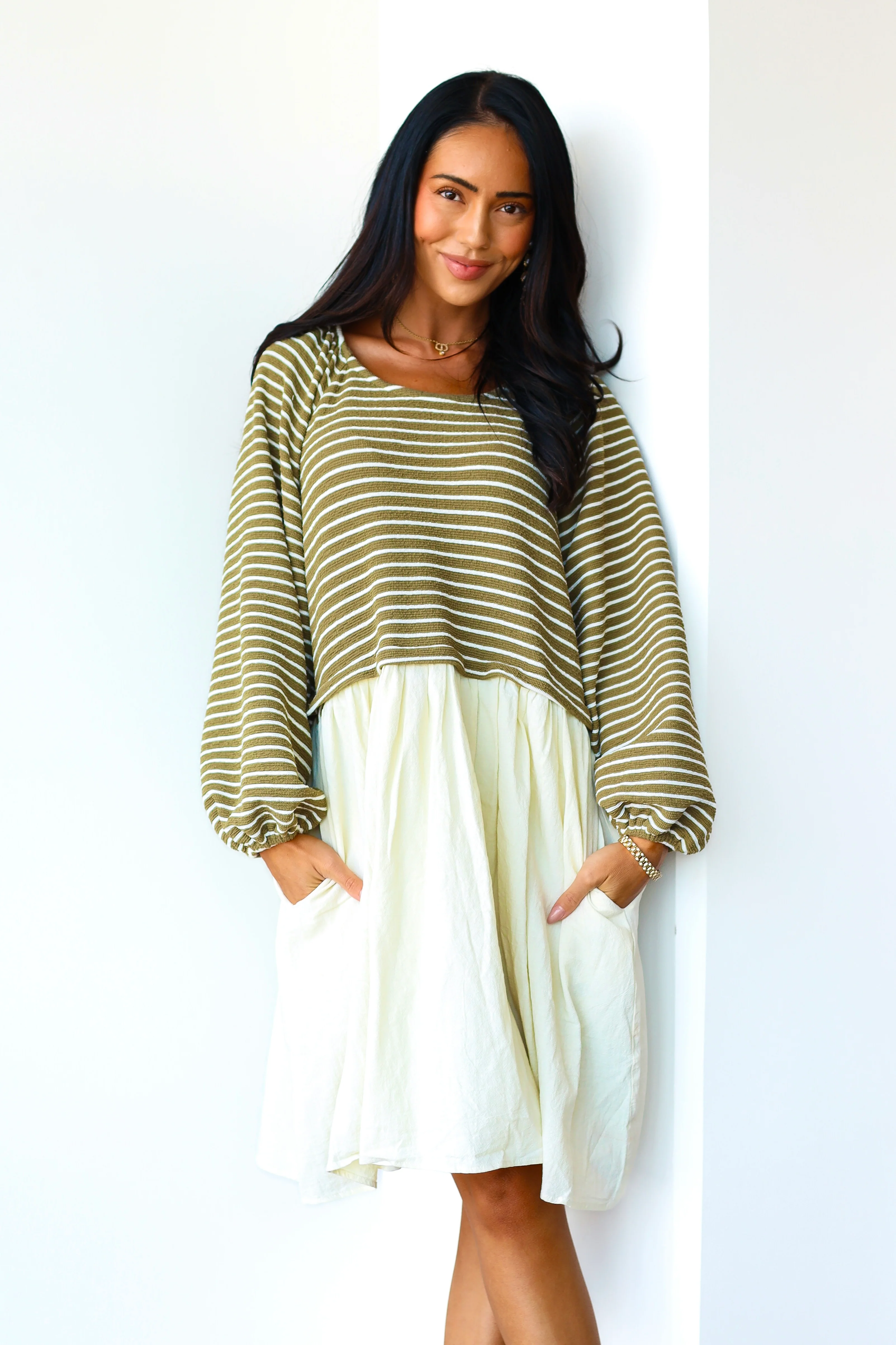 The Dawn Olive Stripe Dresses - XNAUWBI