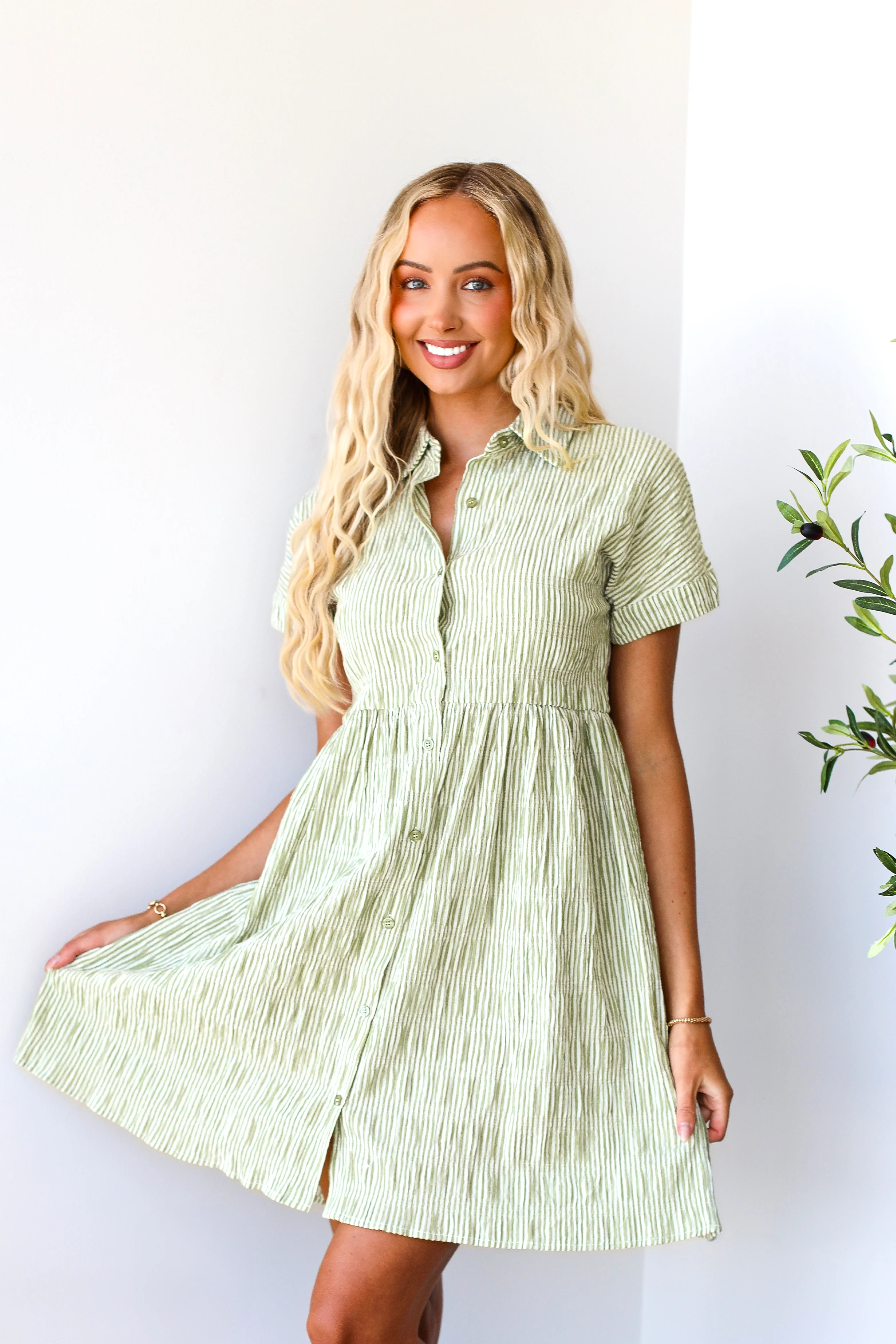 The Blanche Olive Stripe Dresses - XNAUWBI