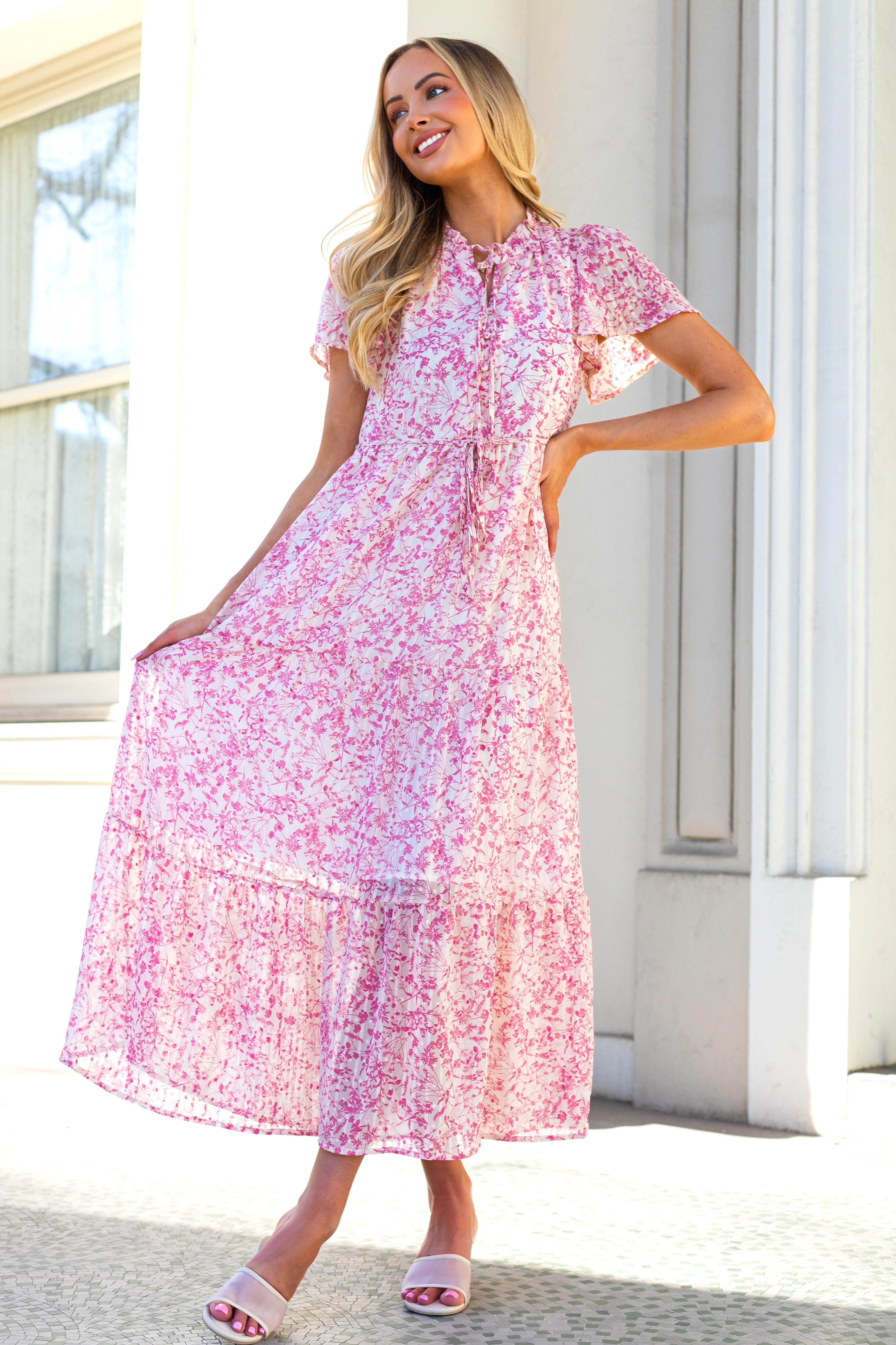 The Helena Ivory w/ Pink Floral Dresses - XNAUWBI