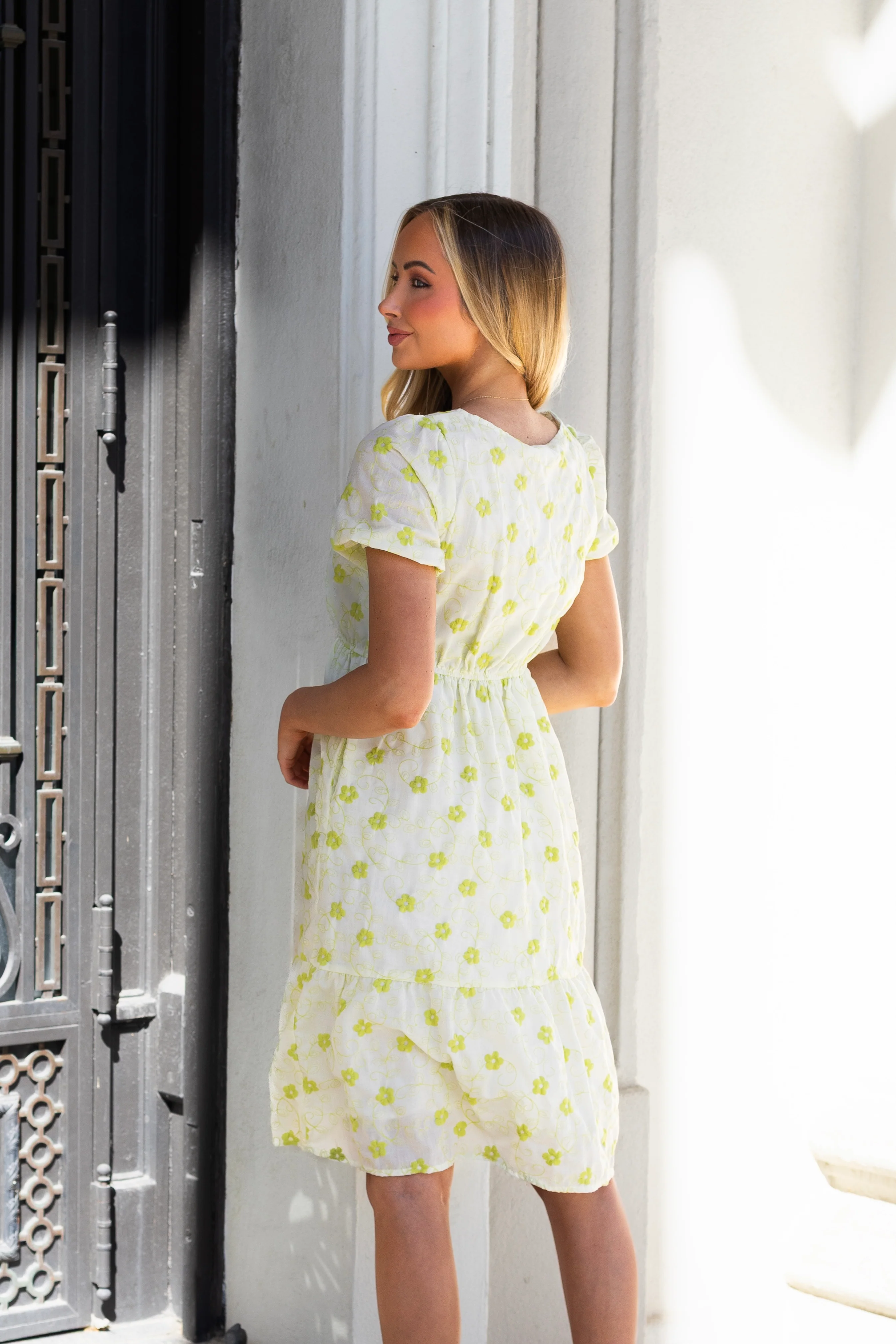 The Coralynn White/Lime Embroidered Floral Dresses - XNAUWBI