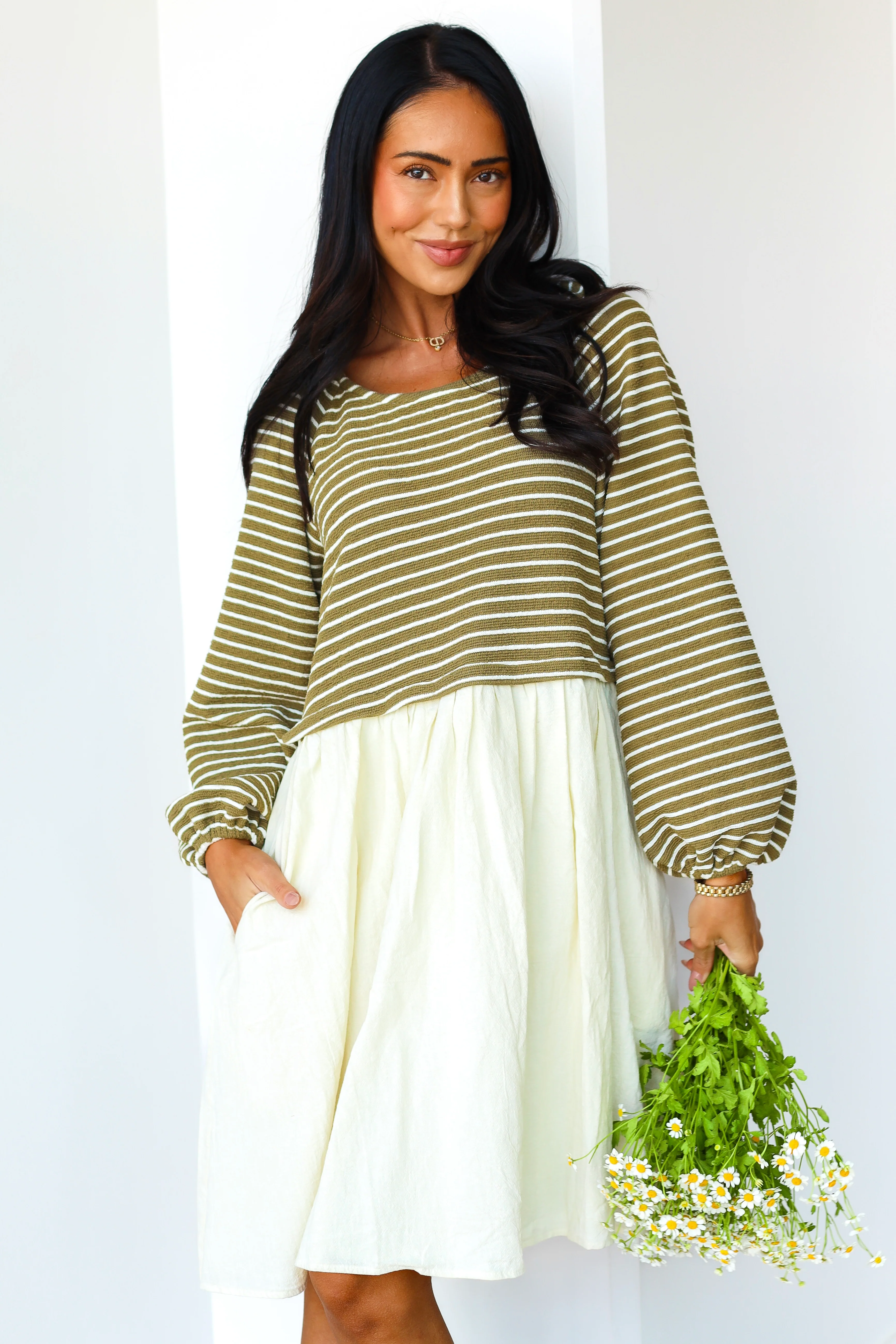 The Dawn Olive Stripe Dresses - XNAUWBI