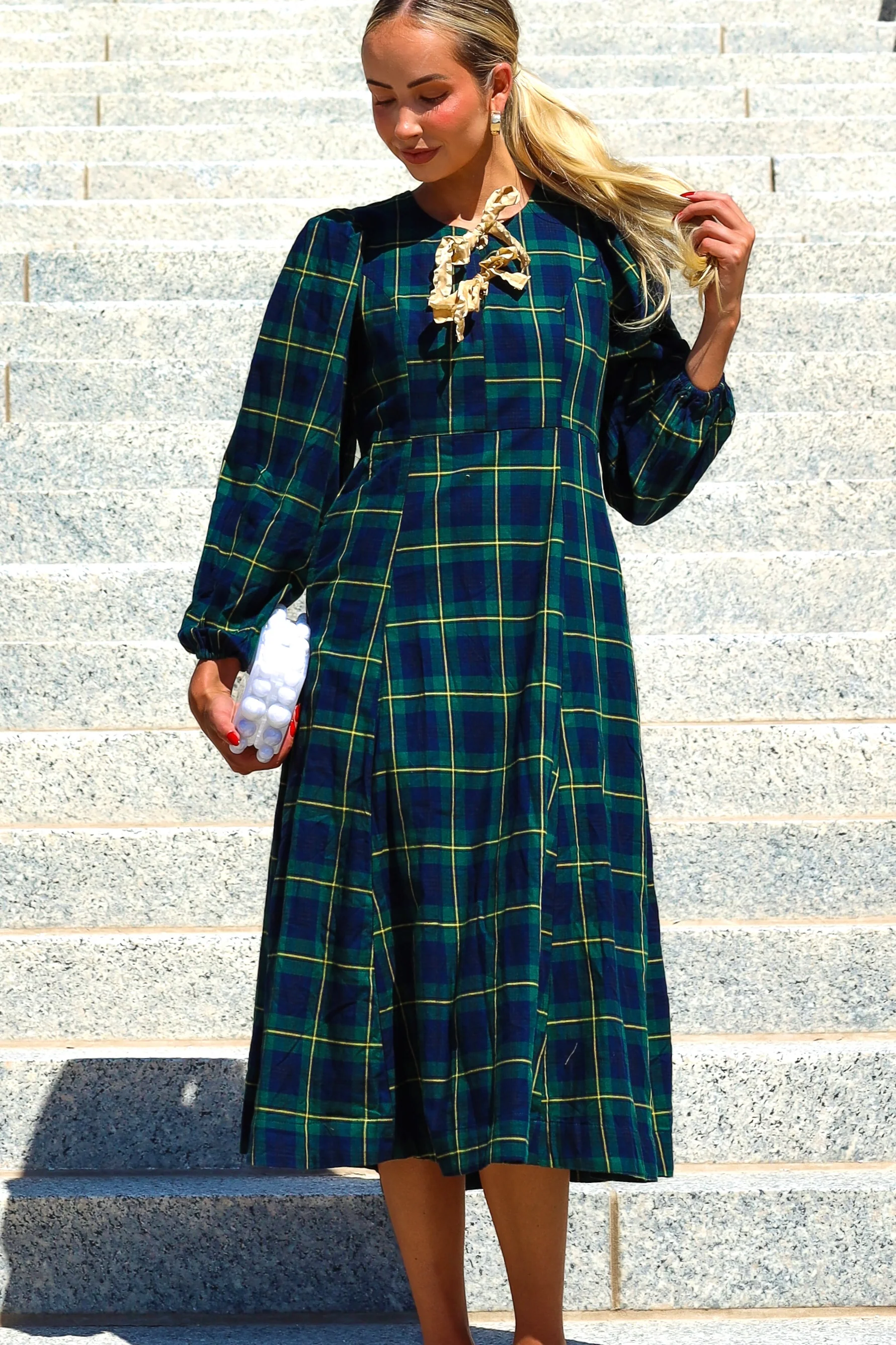 The Joans Evergreen/Navy/Gold Plaid Dresses - XNAUWBI
