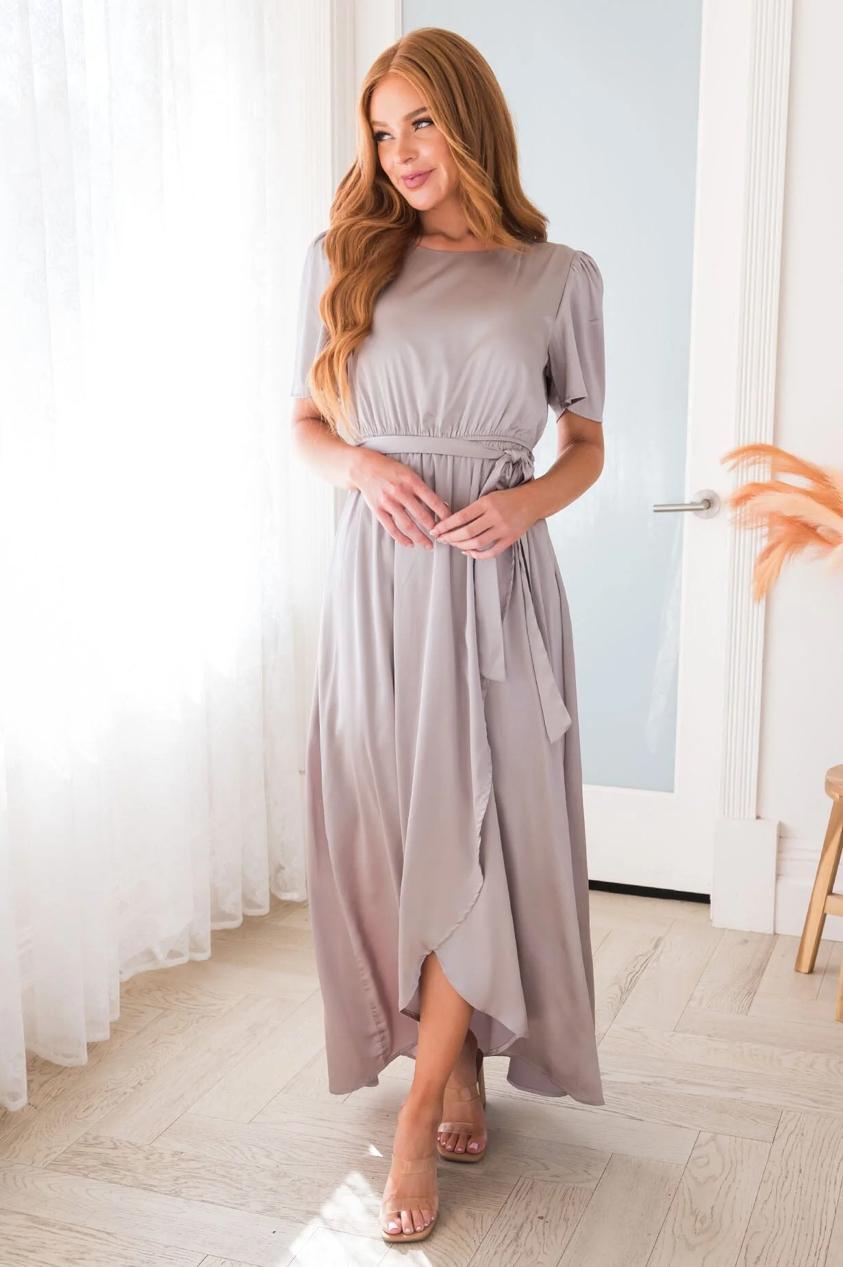 The Pristine Gray Lustre Shiny Satin Dresses - XNAUWBI