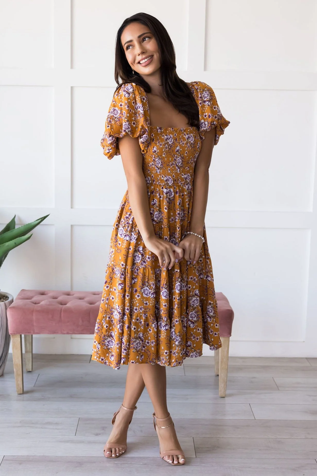 The Carolleen Pumpkin Floral Dresses - XNAUWBI