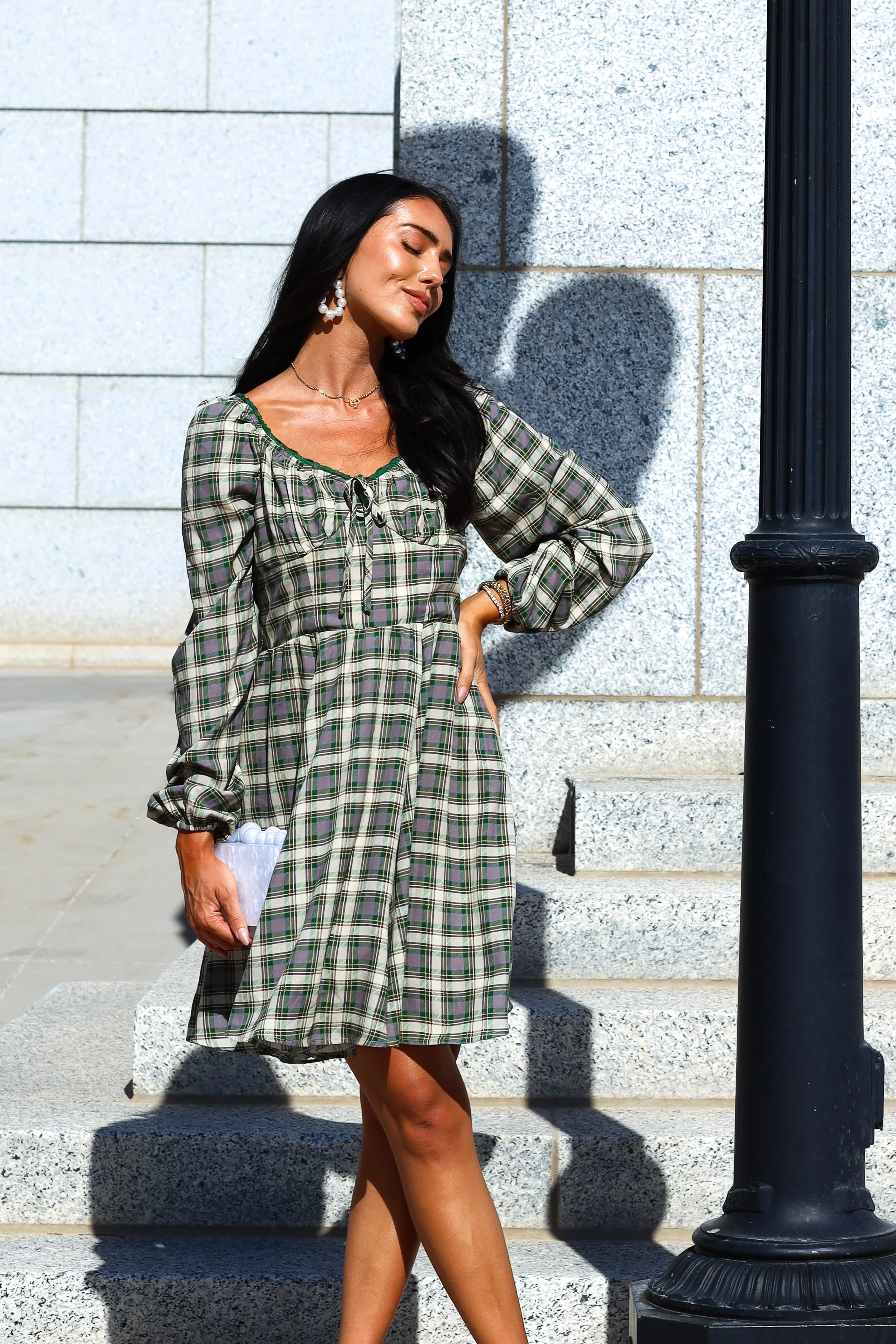 The Lionne Evergreen/Grey/Beige Plaid Dresses - XNAUWBI