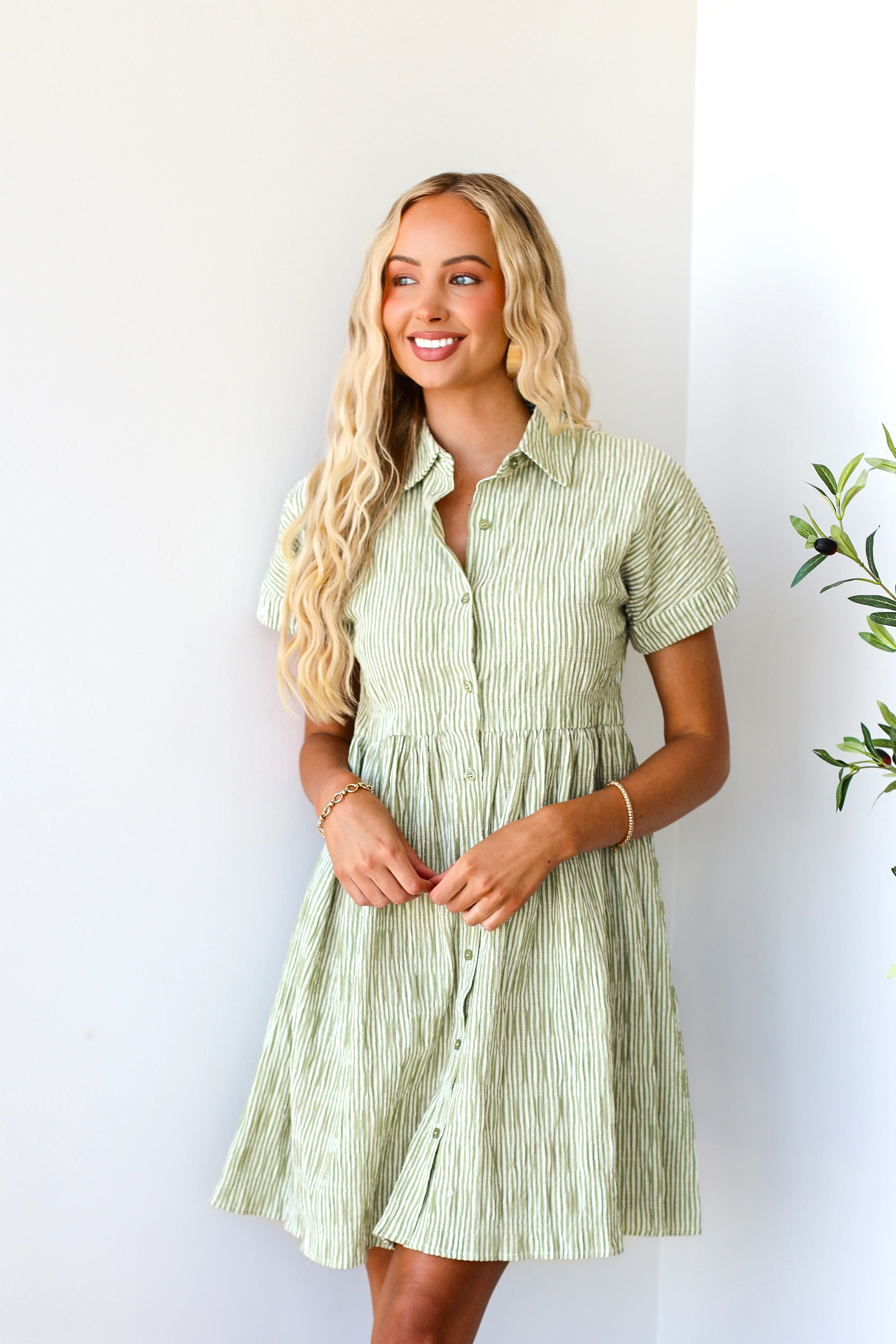 The Blanche Olive Stripe Dresses - XNAUWBI