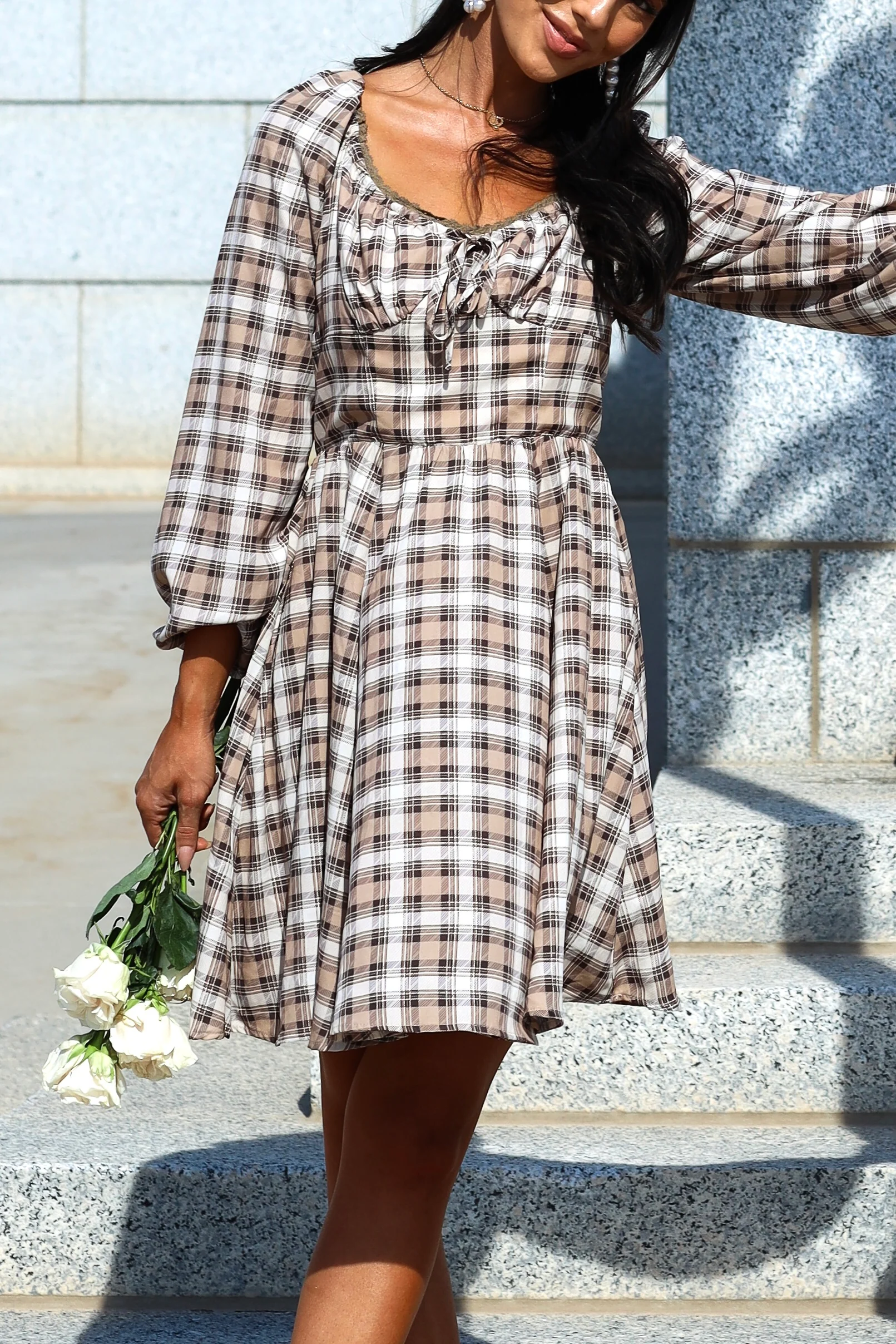 The Lionne Brown/Taupe/Beige Plaid Dresses - XNAUWBI